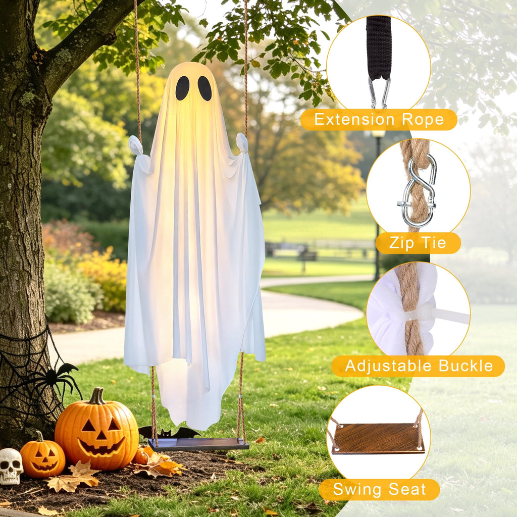 Ninonly Halloween Decorations Outdoor,5 Ft Large Hanging Swing Ghost Halloween Decor with String Lights, Spooky Cute Ghosts Decorations for Front Yard Tree