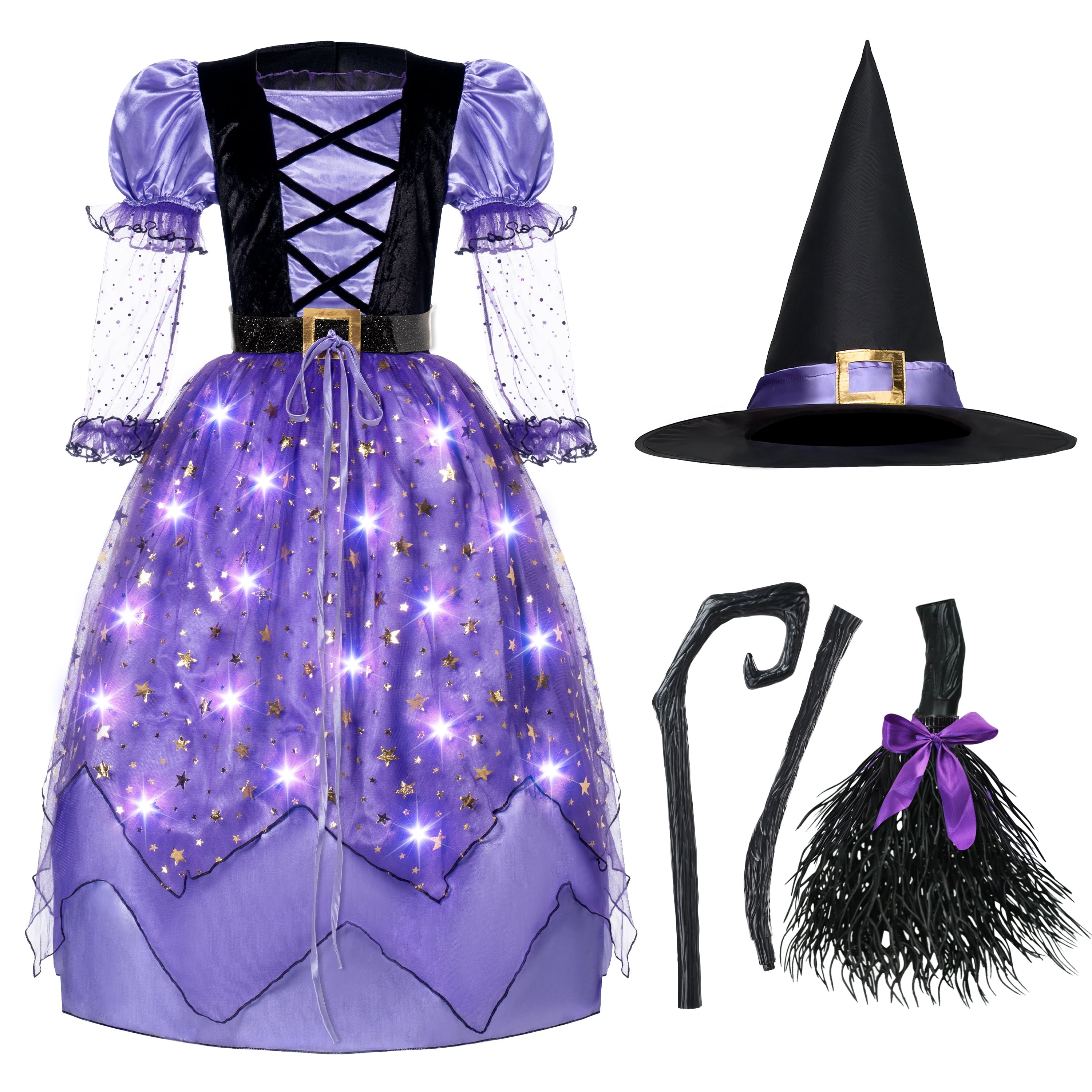 Joyfy Light Up Witch Costume Set for Girls, Starry Witch Dress with Broom Belt Hat for Kids and Toddlers, Perfect for Halloween Party Dress-Up Cosplay (5-12 Years)