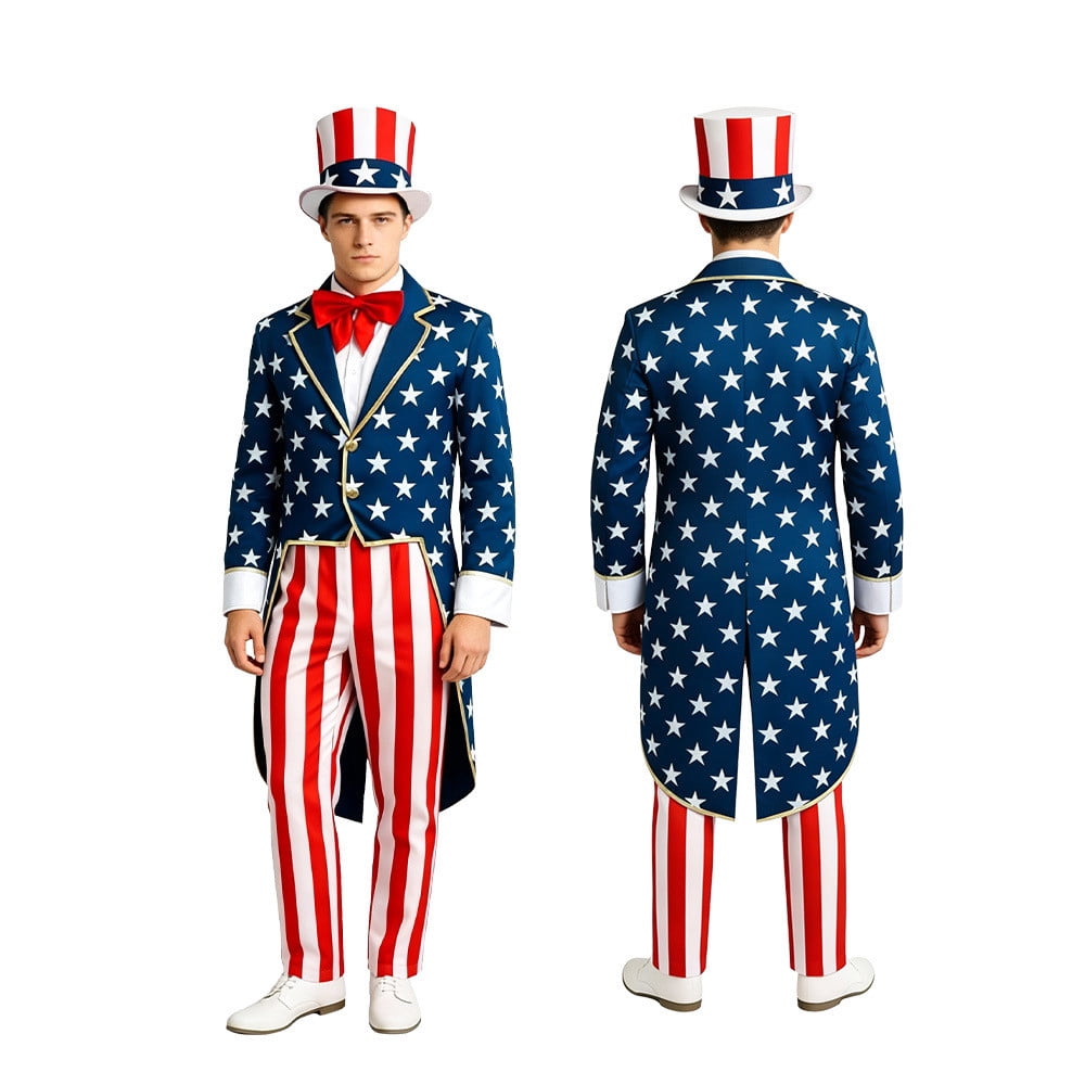 HOARBOEG Men's Patriotic Uncle Sam Costume, 4th of July Tuxedo Tailcoat Red White Blue Stage Performance Suit, Independence Day Party Outfit, Historical Reenactment Costume for Parades & Celebrations