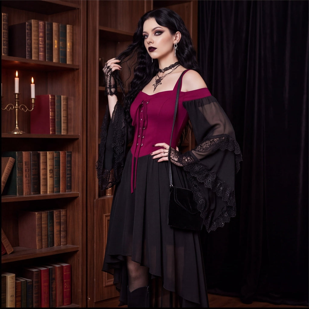 Witch Dress Women 2026 Halloween Costumes Woman Adults Medieval Vampire Butterfly Sleeve Mesh Gothic Outfits Red S