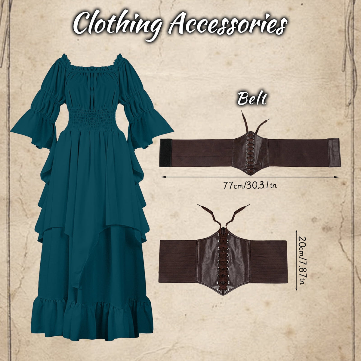 IROOZIGOTO Womens White Medieval Renaissance Maxi Dress Off Shoulder Long Flare Sleeve with Brown Lace Up Corset Belt Halloween Cosplay Costume