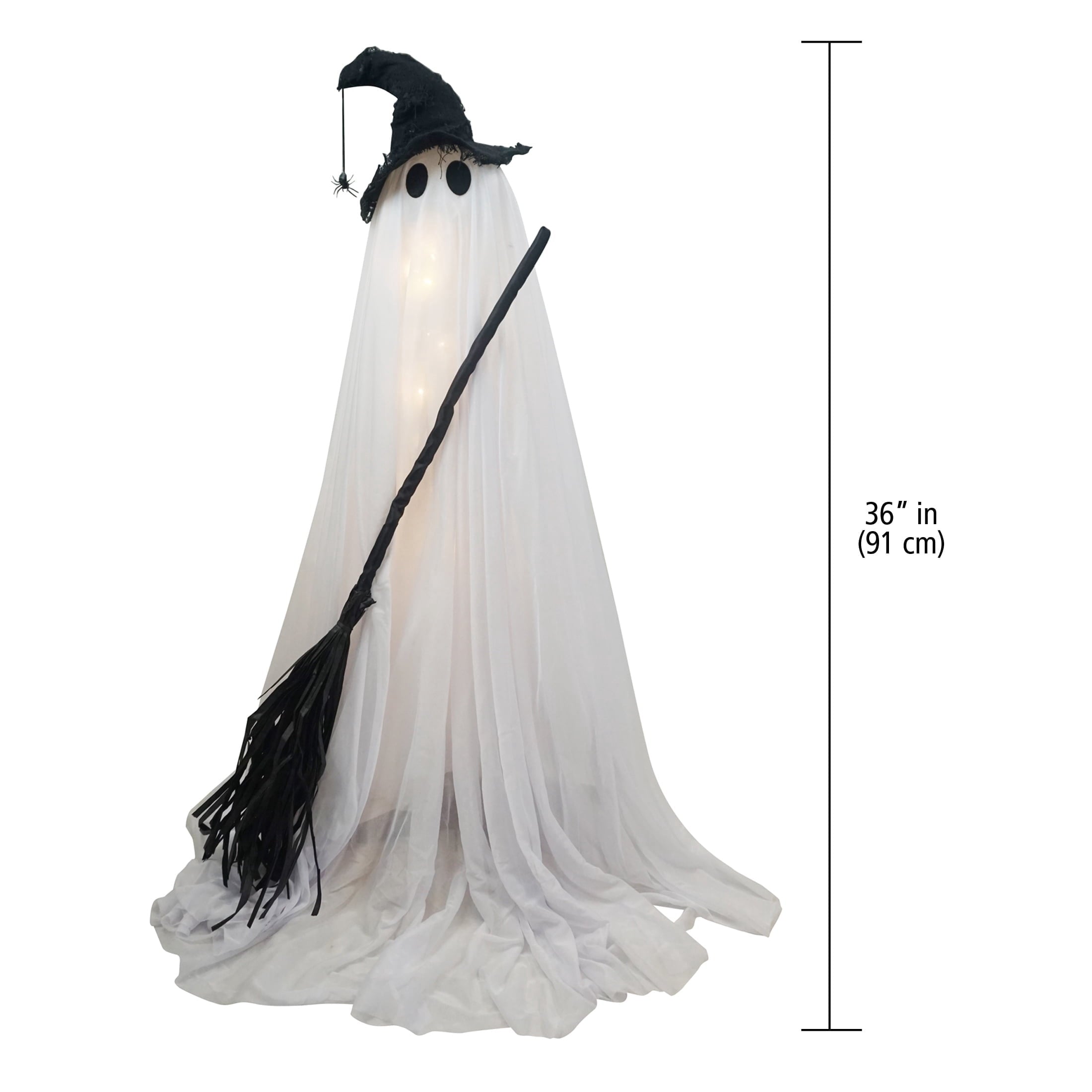 Light-Up Standing Fabric Ghost with Broom Decoration, Black and White, 36", Halloween by Way To Celebrate