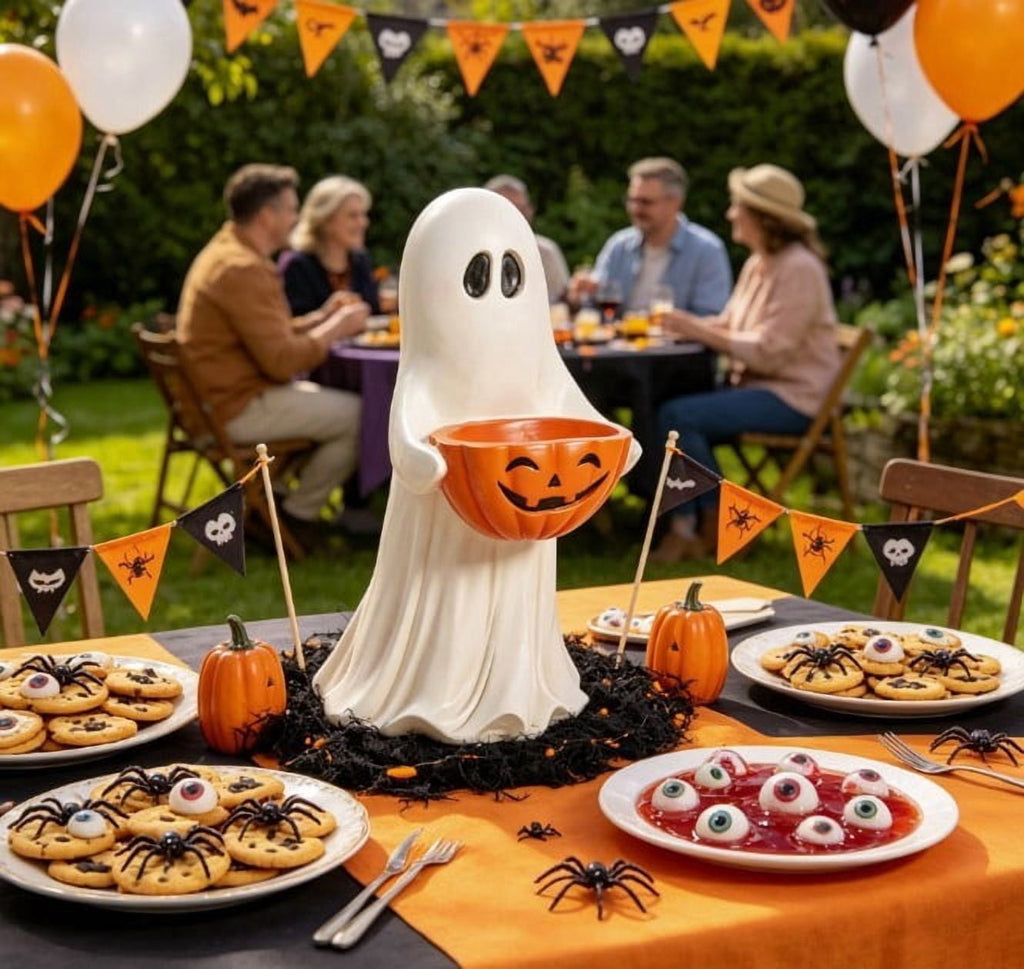 13.7" Halloween Ghost Figurine with Pumpkin Candy Bowl, Indoor Outdoor Safe Ghost Statue for Porch Yard Garden Decoration, Freestanding Halloween Porch Decor