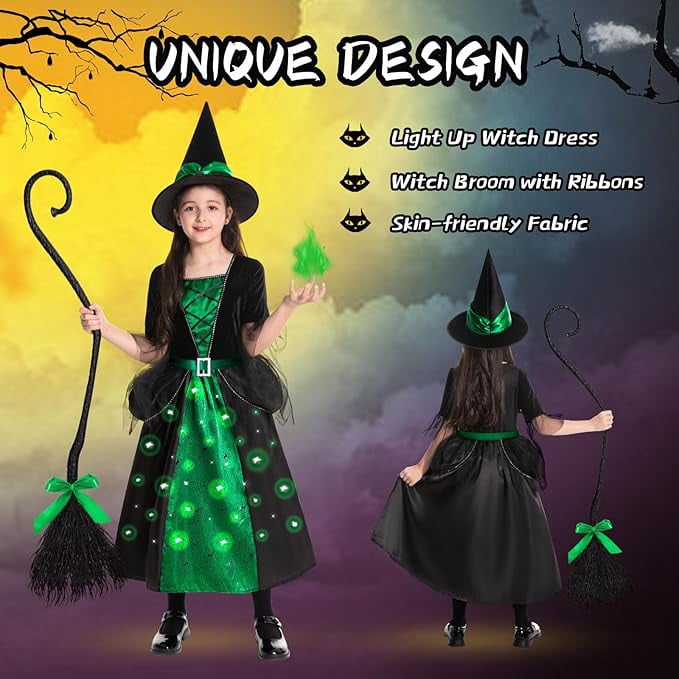 Girls Witch Halloween Costumes, Light Up Halloween Witch Dress with Broom and Hat for Kids Cosplay Party 5-7 Years