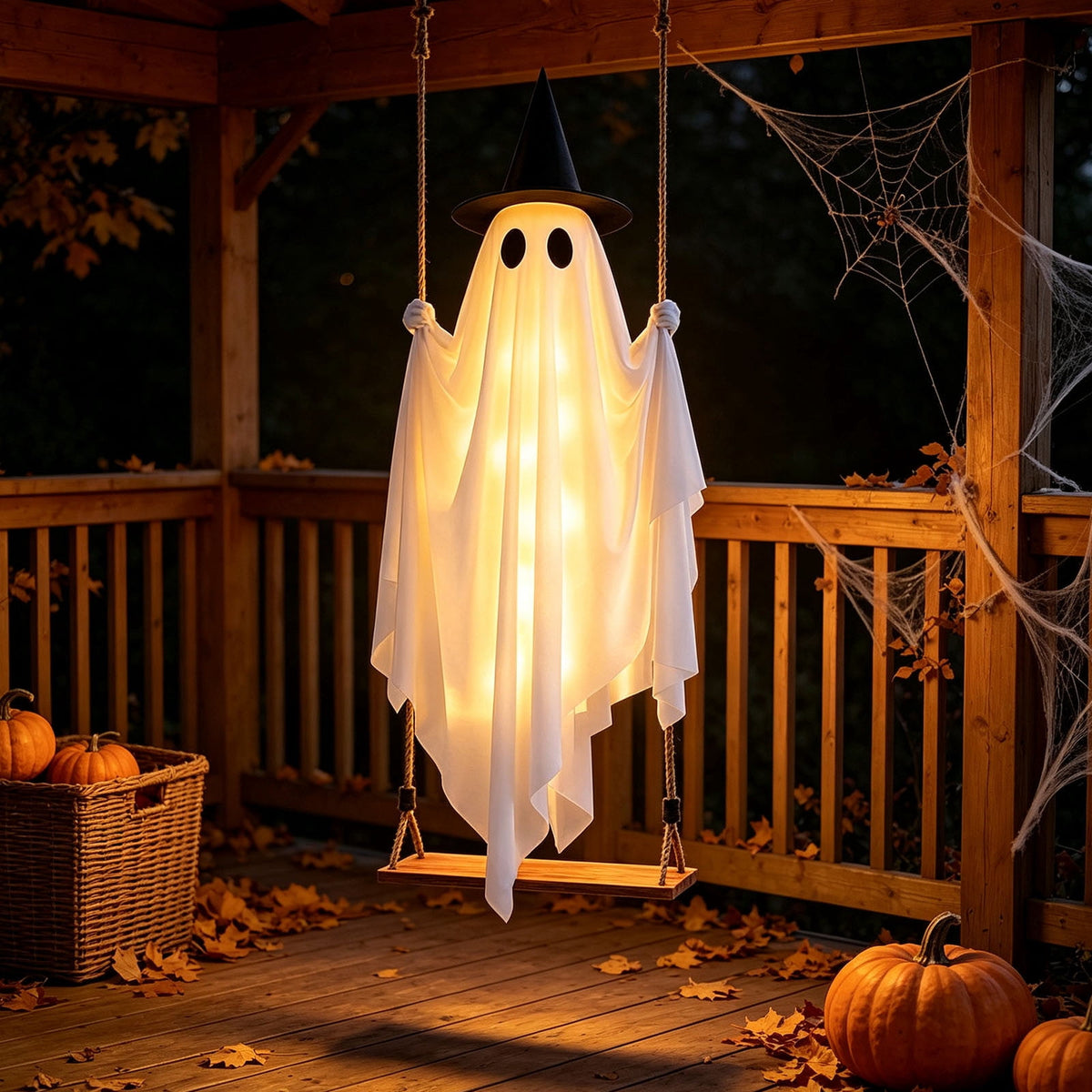 Cloth Hanging Swing Ghost Halloween Outdoor Decor,Remote Controlled LED Lighted Floating Ghost Ornament With 8 Lighting Modes For Porch Tree Yard Seasonal Holiday Display,Total Length 120.4 in.A