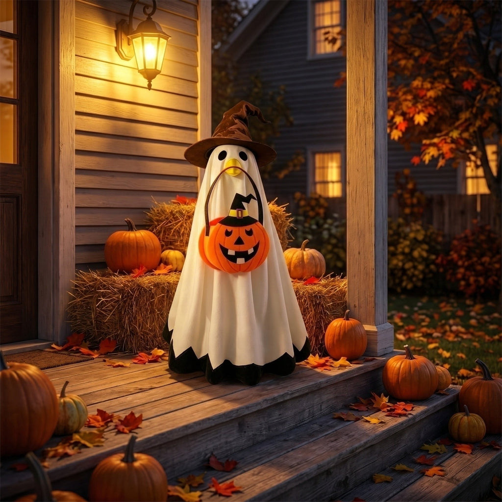 Outdoor Holiday Yard Decor, 23 Inch Porch Goose Outfits, Halloween Pumpkin Themed Porch Goose Clothes, Porch Goose Set with Hat and Treat Bag, Fits Standard 23 Inch Large Porch