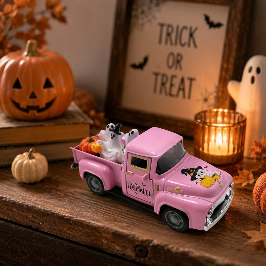 Molumo Halloween Truck Decor - Vintage Pink Pickup Truck with Ghost and Pumpkin Figurines for Halloween Home Tiered Tray Holiday Party Decoration