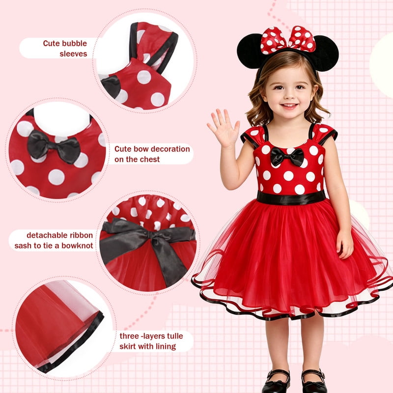 Jurebecia Girls Red Polka Dot Tutu Dress with Bow Headband, Baby Toddler Party Costume for Birthday & Cosplay (110 cm)