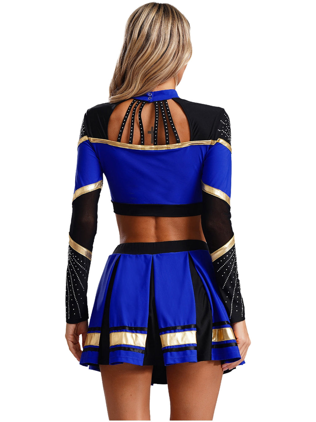 TiaoBug Women Cheer Leader Uniform Dance Cheerleading Costume Long Sleeve Crop Top with Mini Skirt White S