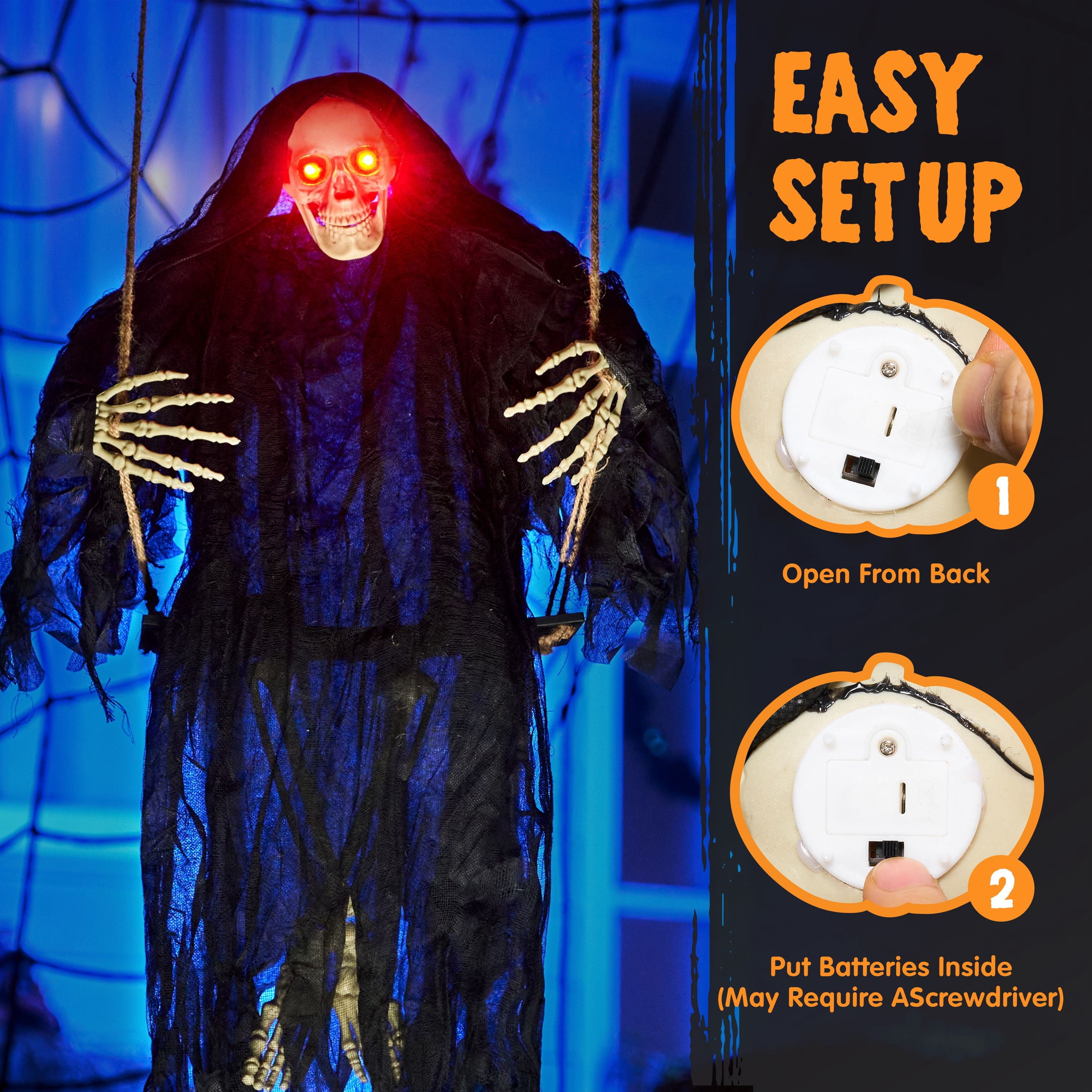 Joyfy 3 FT Halloween Hanging Swinging Skeleton,Light Up Creepy Grim Reaper with Black Hood Decorations for Halloween Hanging Decorations Indoor Outdoor Yard Home Decorations