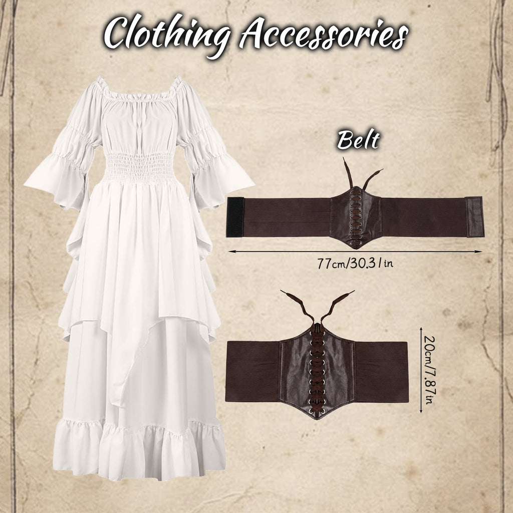 IROOZIGOTO Womens White Medieval Renaissance Maxi Dress Off Shoulder Long Flare Sleeve with Brown Lace Up Corset Belt Halloween Cosplay Costume