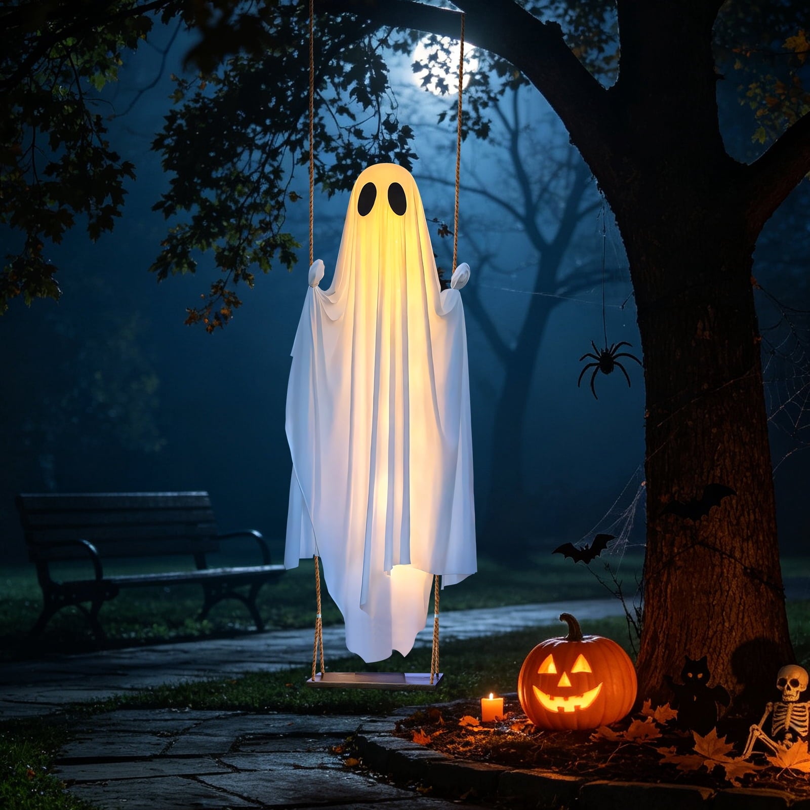 Ninonly Halloween Decorations Outdoor,5 Ft Large Hanging Swing Ghost Halloween Decor with String Lights, Spooky Cute Ghosts Decorations for Front Yard Tree