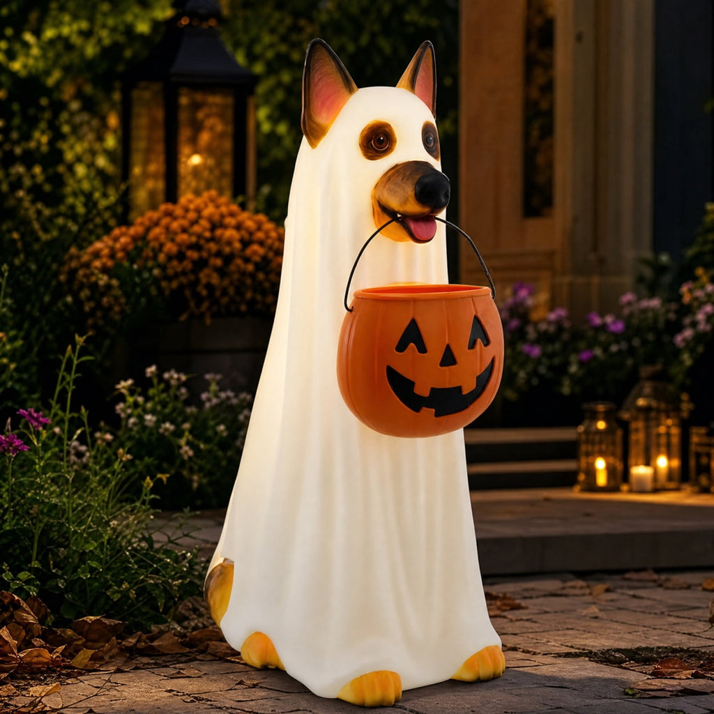 LED German Shepherd Blow Molded Halloween Statue, Light Up Ghost Dog Figure with Pumpkin Candy Bucket, Glowing German Shepherd Halloween Decoration for Outdoor Porch Yard Fall Spooky Season Home