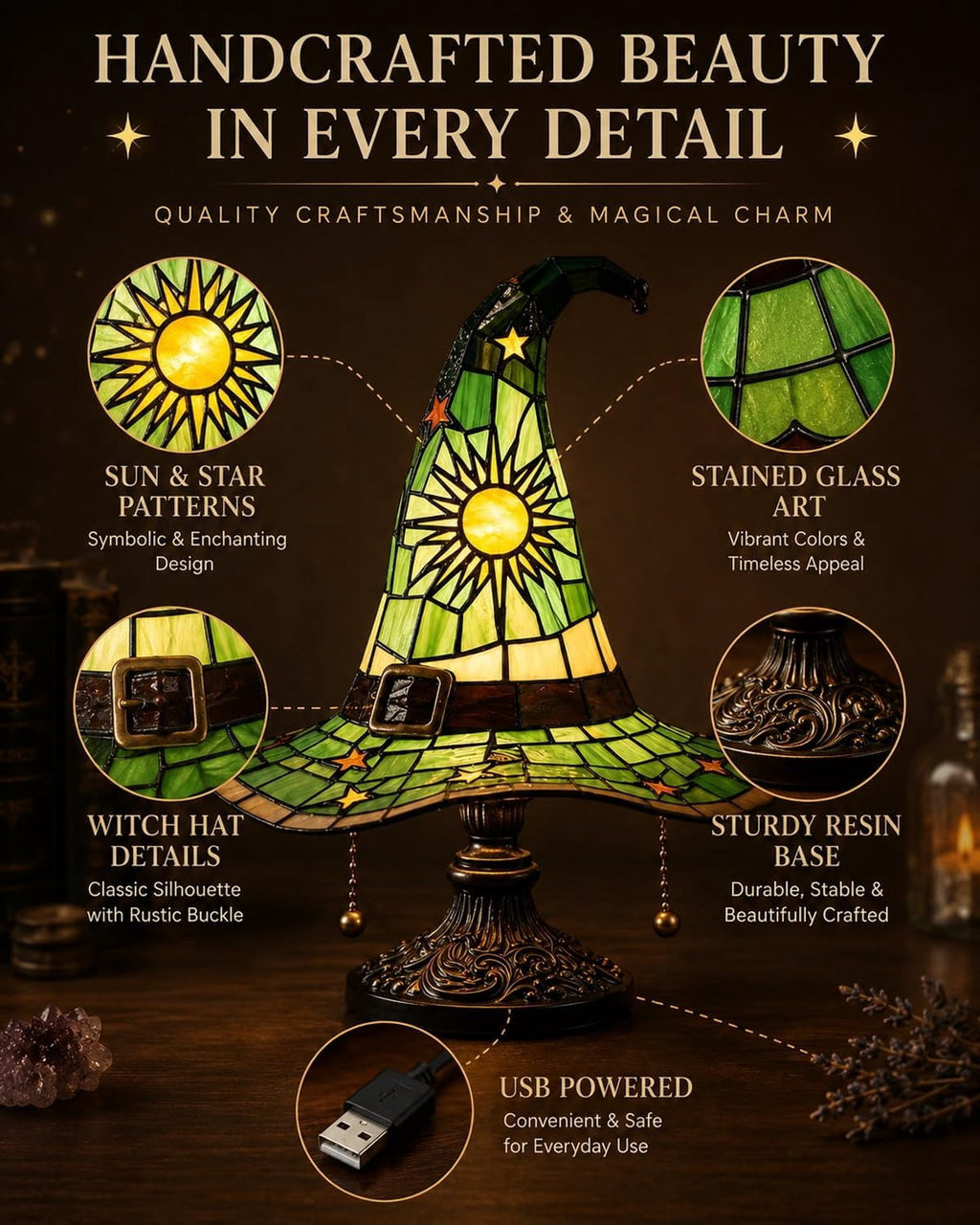Clearance Halloween Table Lamp Decorations, Witch Hat Lamp Gifts - Handcrafted Retro Resin Witch Lamp, USB Powered Gothic Wizard Hats Night Light, Home Decor Accent Lamps for Bedroom