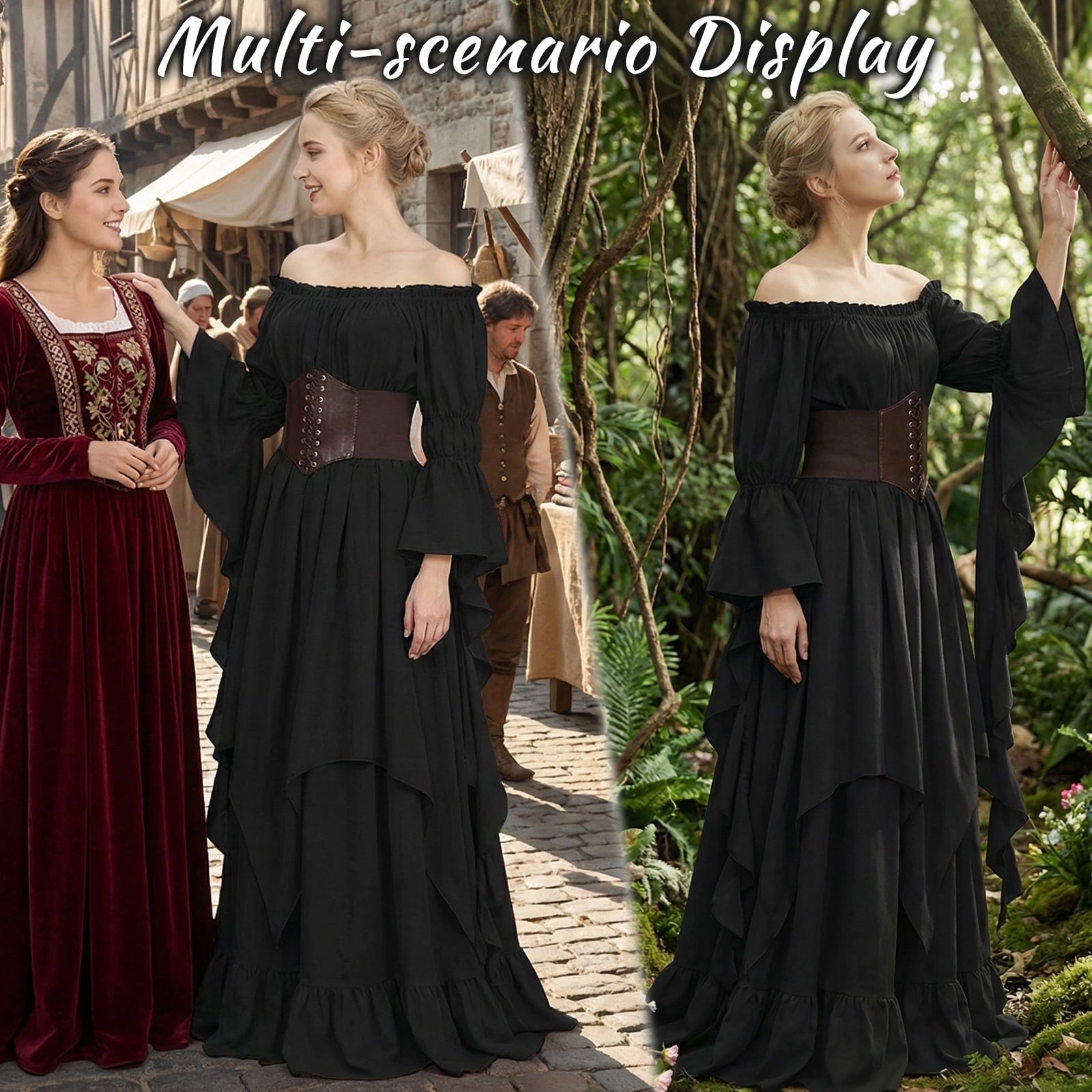 IROOZIGOTO Womens White Medieval Renaissance Maxi Dress Off Shoulder Long Flare Sleeve with Brown Lace Up Corset Belt Halloween Cosplay Costume