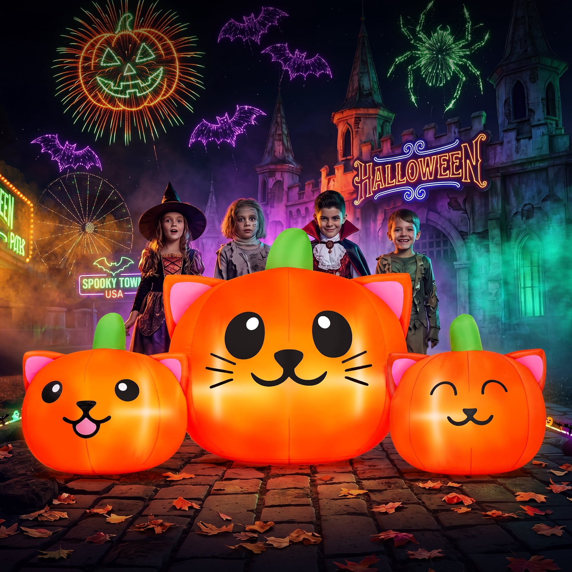 Firstness 6.2FT Halloween Inflatable Pumpkin Cat Outdoor Decorations, Halloween Blow Ups with Lights for Party, Yard