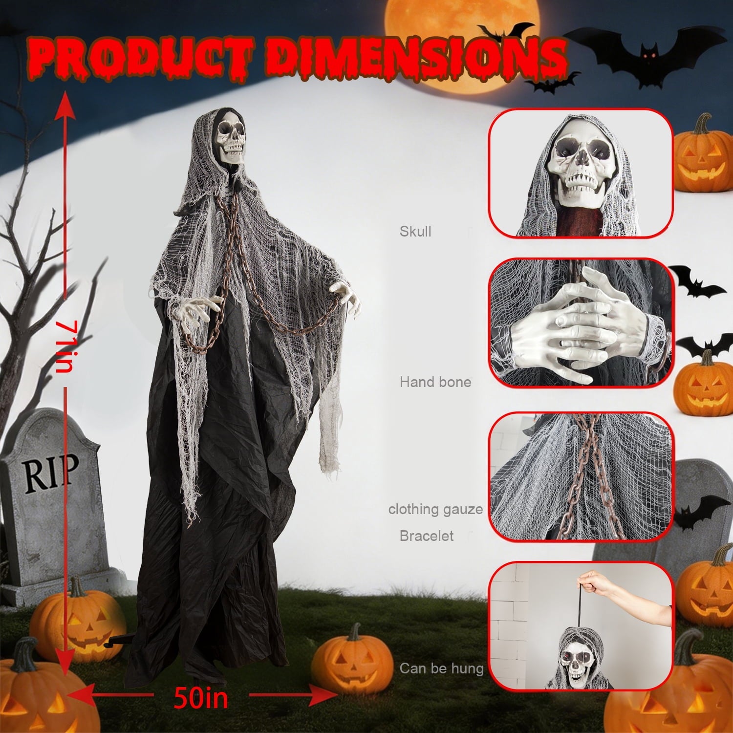 Magotan 6ft Halloween Outdoor Skeleton Ghost Decorations, Sound Controlled Swinging Scary Skeleton Ghost Halloween Decoration for Outdoor Garden Porch Yard Decor,Red