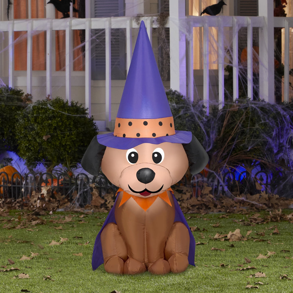 Gemmy Halloween Inflatable Dog in Witch Hat, 4 ft Tall, Multi