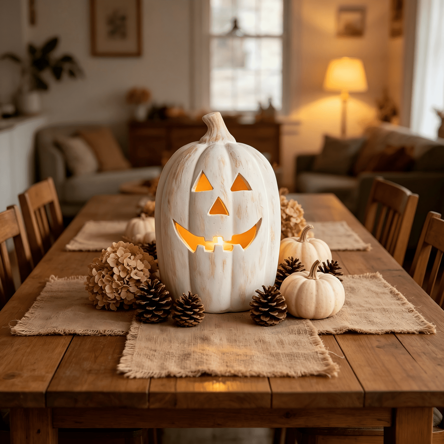 Fall Decorations for Home - Halloween Decor Indoor - 7.87" H White Handmade Resin Pumpkin Jack O' Lantern with Flameless Candle - Outdoor Decoration for Front Door Porch Mantel Kitchen Living Room