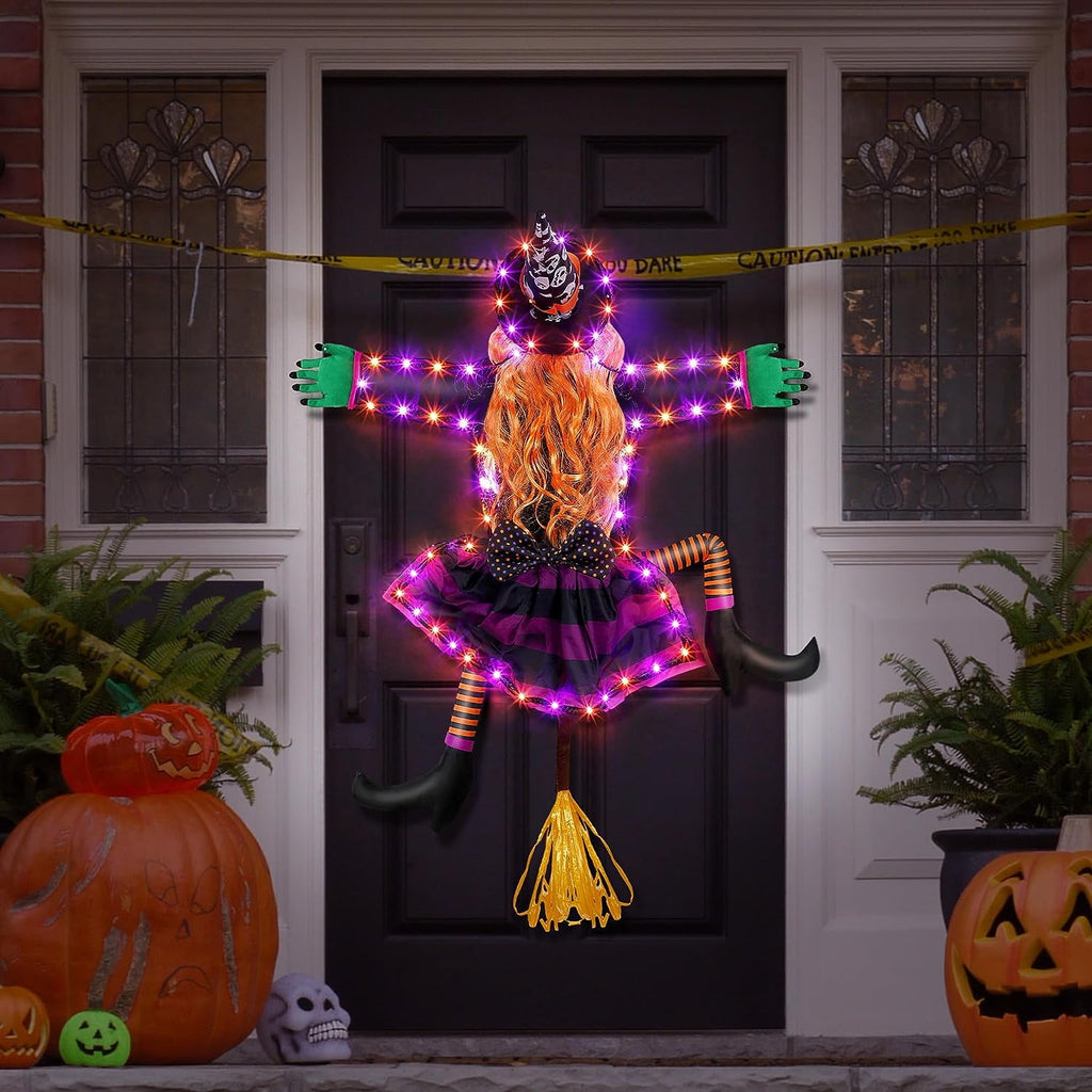 DAKIMOE Halloween Decoration Outdoor Witches Crashing Into Tree with Colorful LED Lights Crashed Witch Props Halloween Hanging Decorations for Indoor House Outdoor Yard Patio Decor 44''x33'' Orange