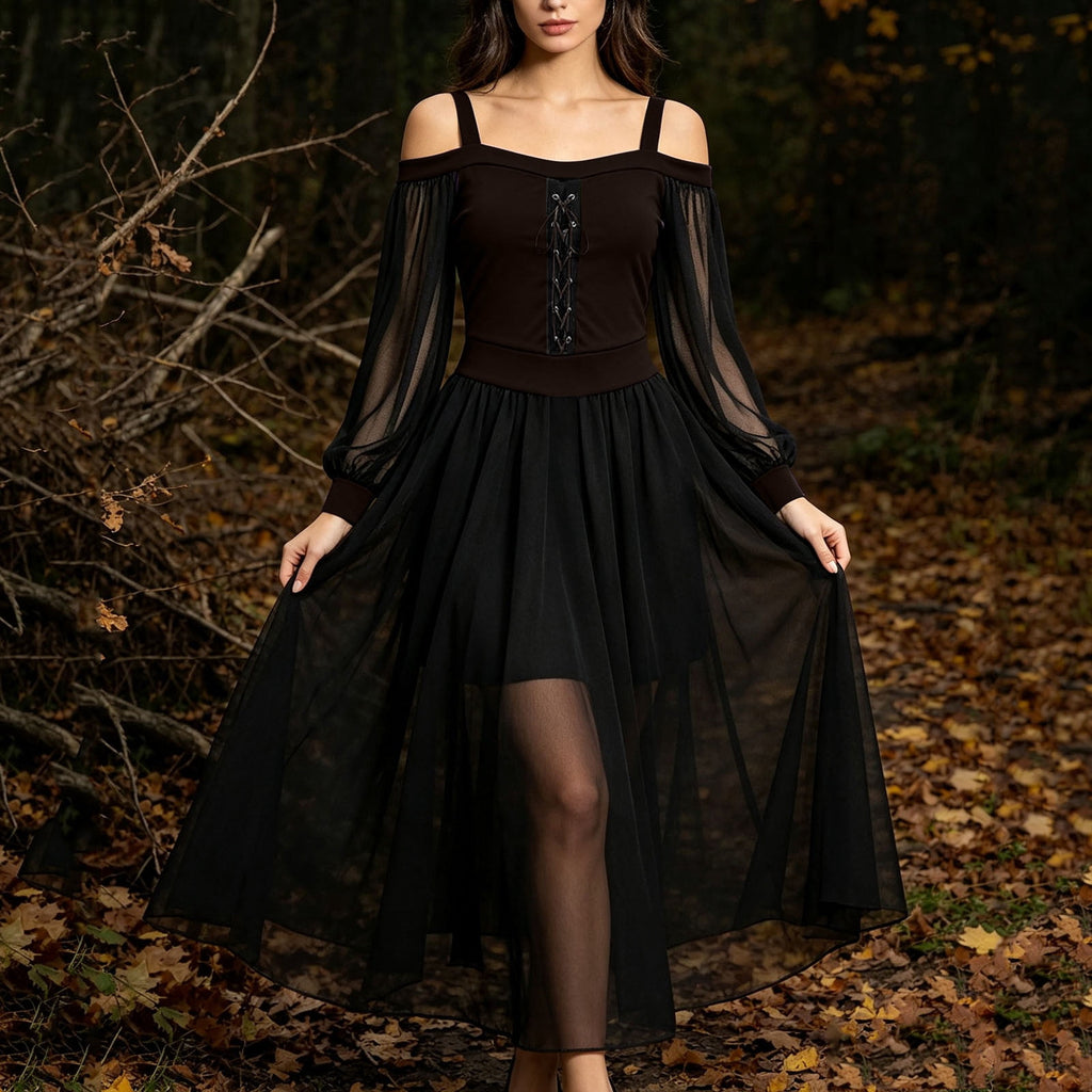 JOANKDMI Women's Gothic Midi Dress Elegant Vampire Costume Cold Shoulder Sheer Long Sleeve Lace-up Corset for Roleplay Halloween Party Outfit Chic, S-3XL