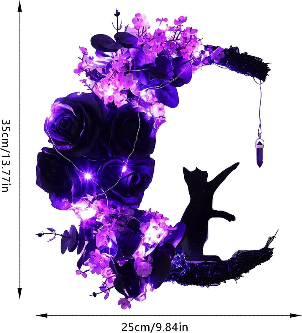 Wiher Halloween Wreaths with Lights for Front Door, 13.77" Halloween Moon Wreath with Black Cat Wood Wreath Halloween Wreath Horror Decorations for Home Party Window Wall Indoor Outdoor C