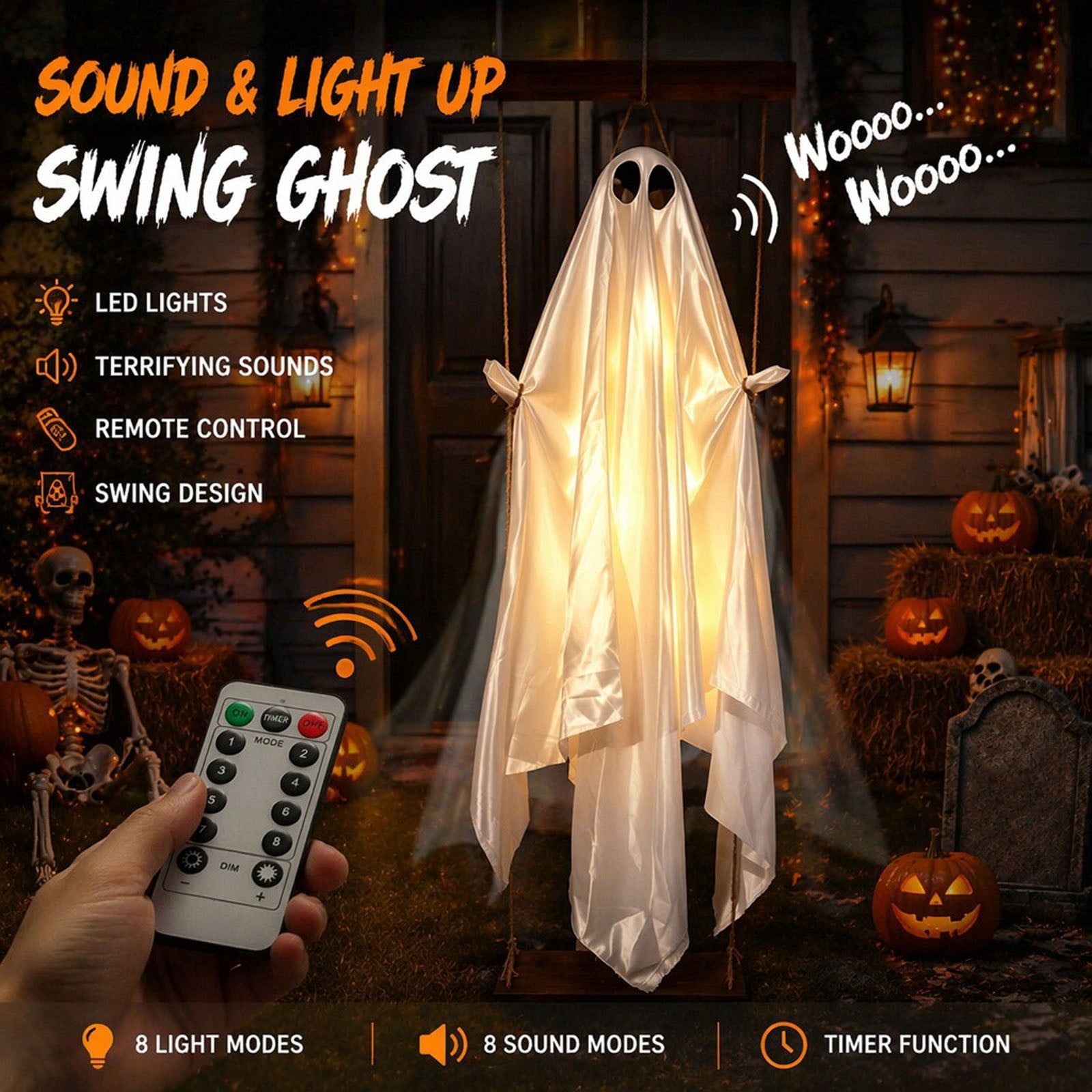 Cloth Hanging Swing Ghost Halloween Outdoor Decor,Remote Controlled LED Lighted Floating Ghost Ornament With 8 Lighting Modes For Porch Tree Yard Seasonal Holiday Display,Total Length 120.4 in.A