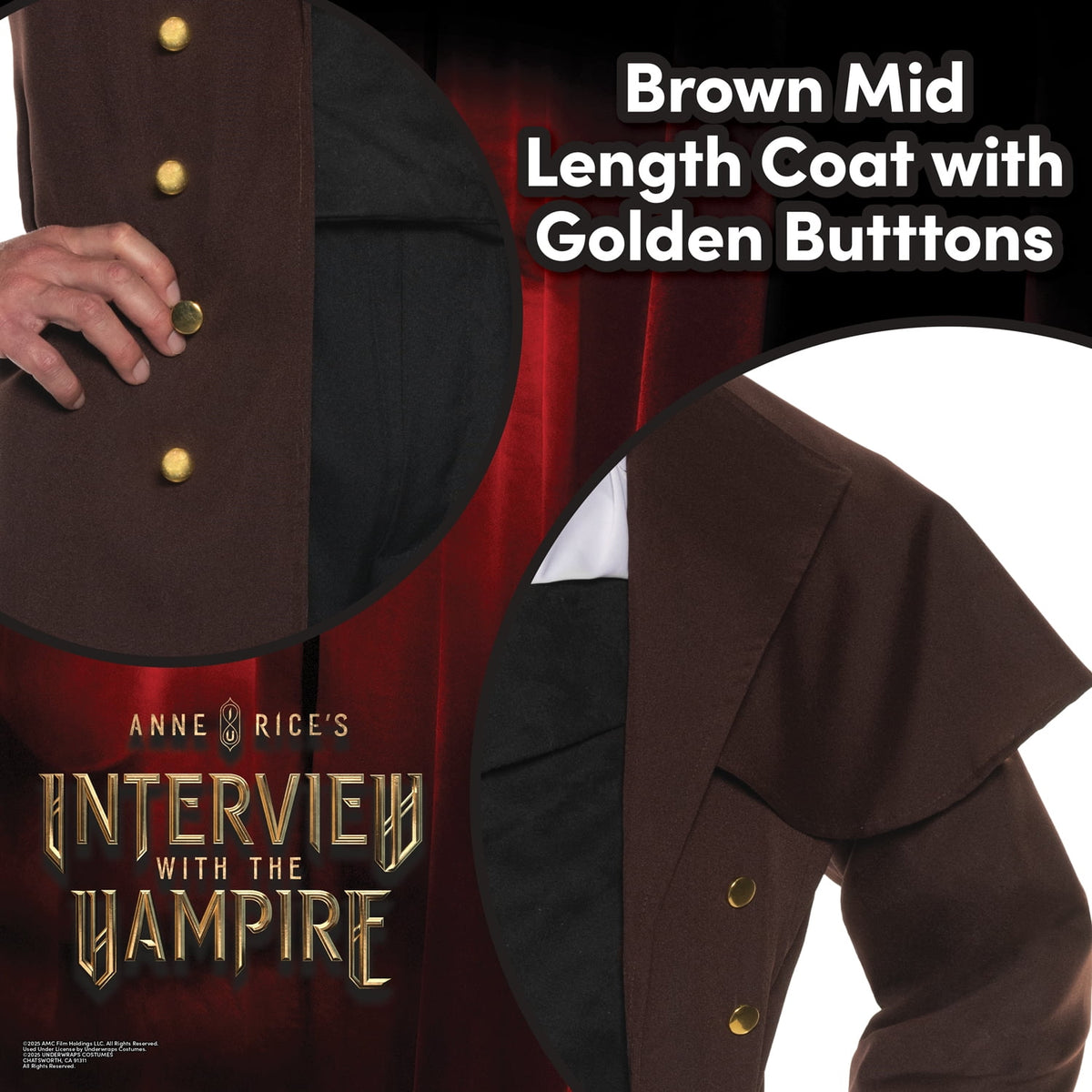 UNDERWRAPS Mens Victorian Travel Coat - Men's Renaissance Costume, Mid Length Coat With Attached Capelet, Steampunk Cosplay, Vampire Costume