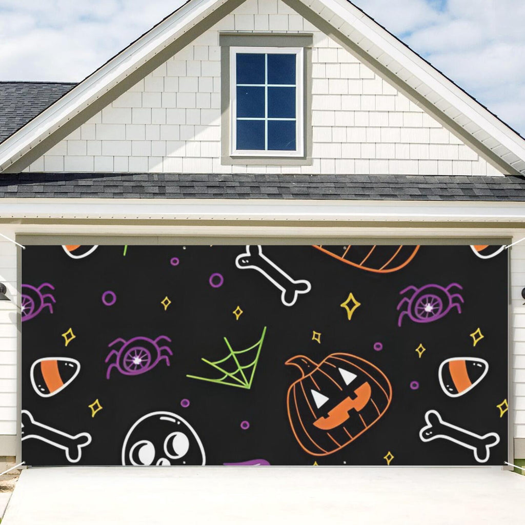 Halloween Garage Door Cover - 13x6ft Spooky Ghost Pumpkin Skull Witch Black Cat Polyester Backdrop for Outdoor Decor