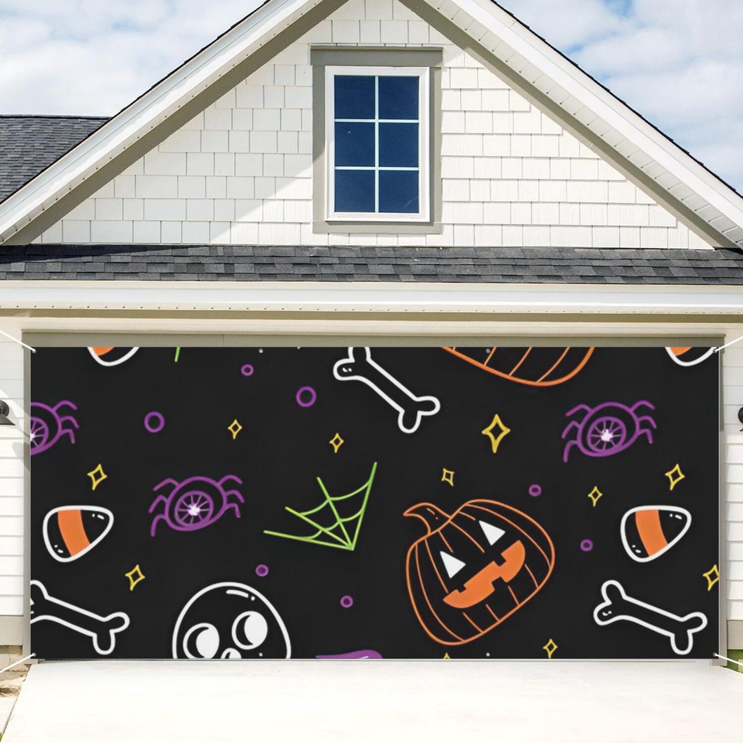 Halloween Garage Door Cover - 13x6ft Spooky Ghost Pumpkin Skull Witch Black Cat Polyester Backdrop for Outdoor Decor
