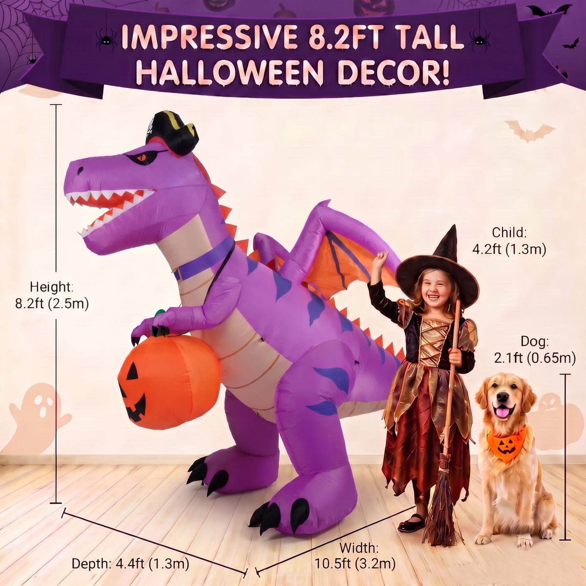 Glazina 8.2 FT Halloween Inflatable Purple Pirate Dinosaur with Pumpkin, Built-In LED Lights, Outdoor Halloween Blow Up Yard Decoration