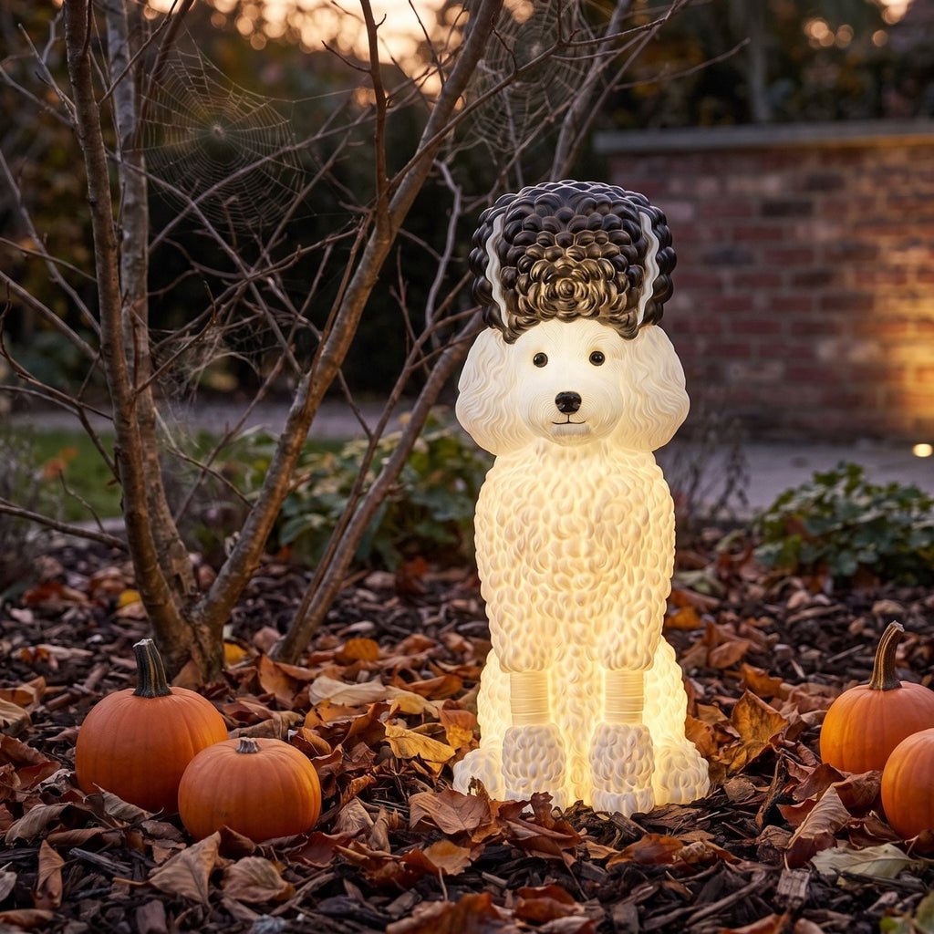 Halloween Ghost Dog Figurine, LED Light Statue, Yard Garden Decor, Treat Bucket Detail and Standing Sturdy Build for Front Porches, Garden Walkways and Tabletop Displays.