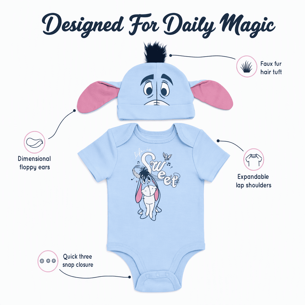 Disney Winnie the Pooh Baby Boy or Girl 2-Piece Cosplay Bodysuit and Hat Set Light Blue Eeyore