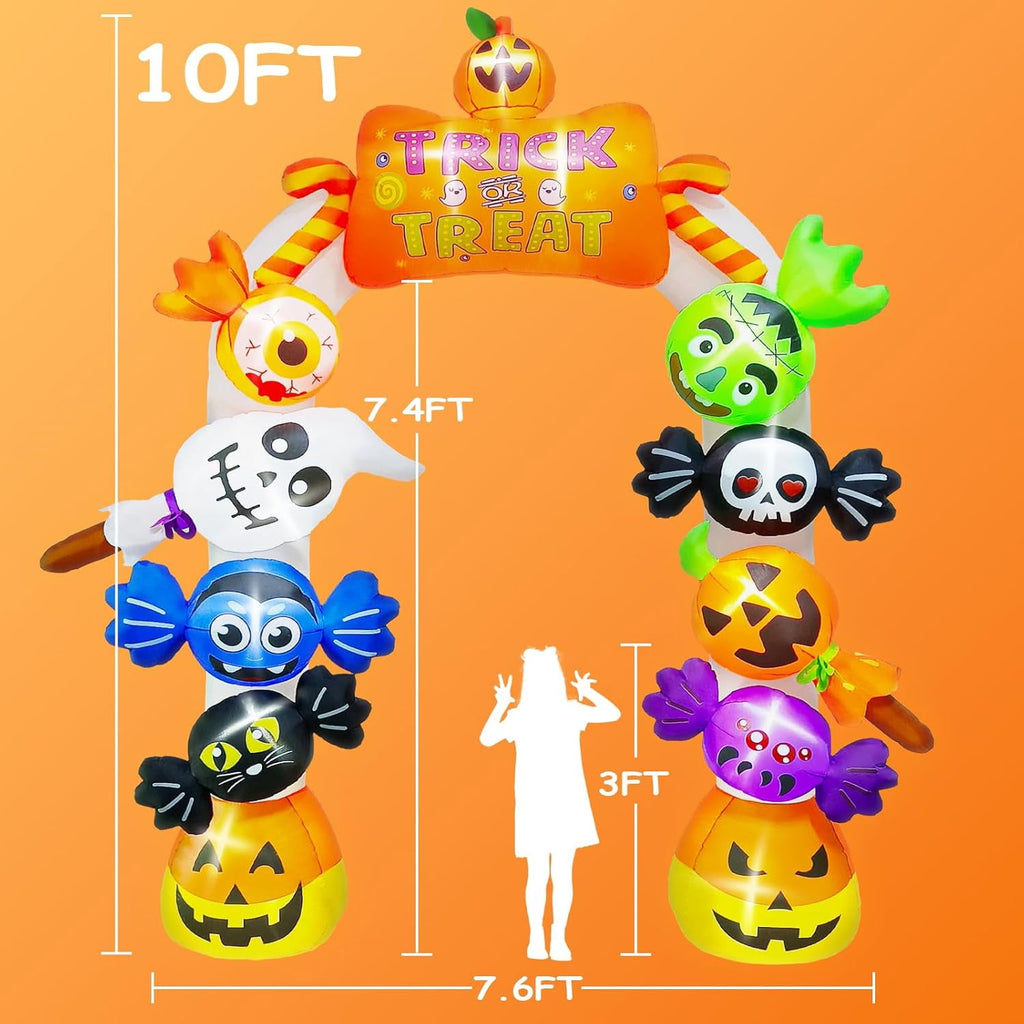 Kalolary 10FT Inflatable Candy Ghost Pumpkin Archway with Built-in Lights – Giant Outdoor Yard & Garden Decoration for Halloween, Indoor/Outdoor Use