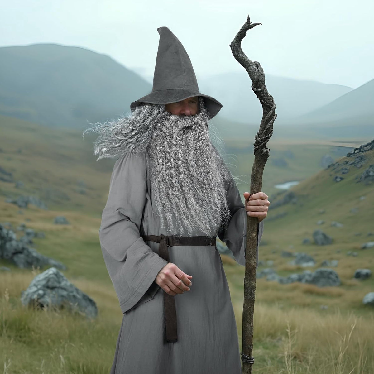 Deluxe 5 Pcs Wizard Costume for Adults Grey Wizard Robe with Wizards Hat, Belt, Wig & Beard Halloween Costumes For Men