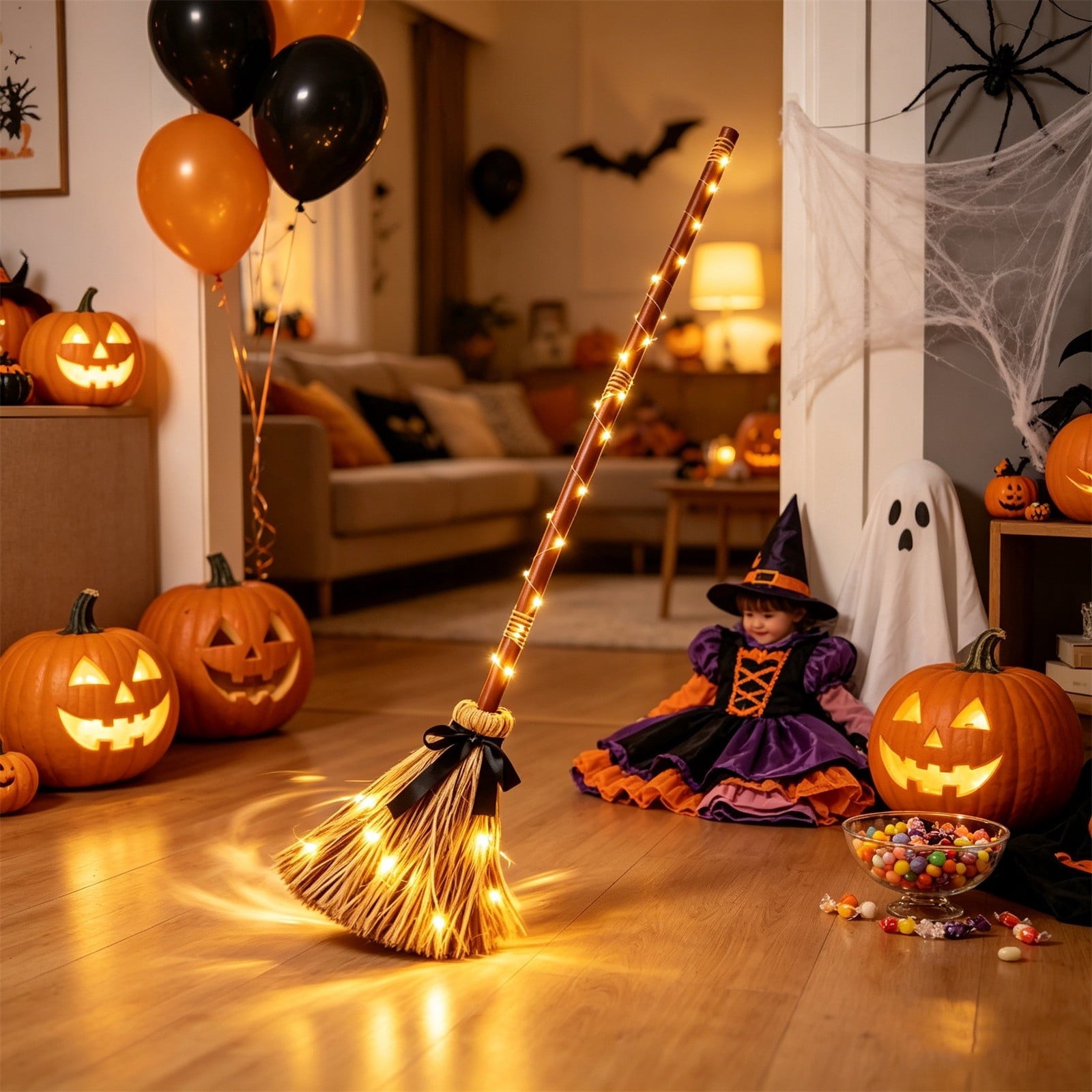 Halloween Witch Broom Cane with Ribbons, 38.2" Witches Broomstick for Wizard Costume Party, Photo Booth Accessory Stage Prop, Halloween Decoration, D