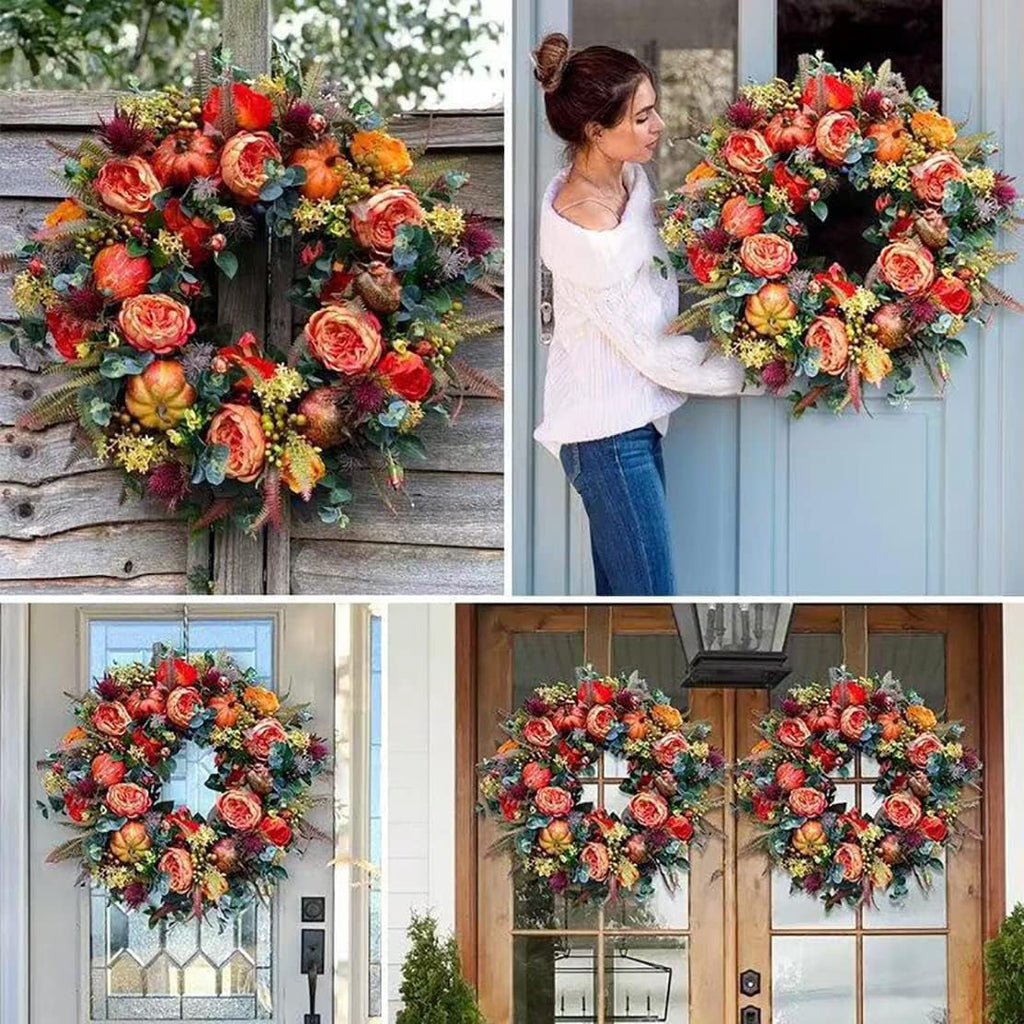 KOMI Fall Peony and Pumpkin Wreath, Autumn Year Round Wreaths for Front Door, Artificial Fall Wreath, Halloween Wreath, Fall Wreaths for Front Door, Autumn Wreath Thanksgiving Wreath (19.68 Inch)