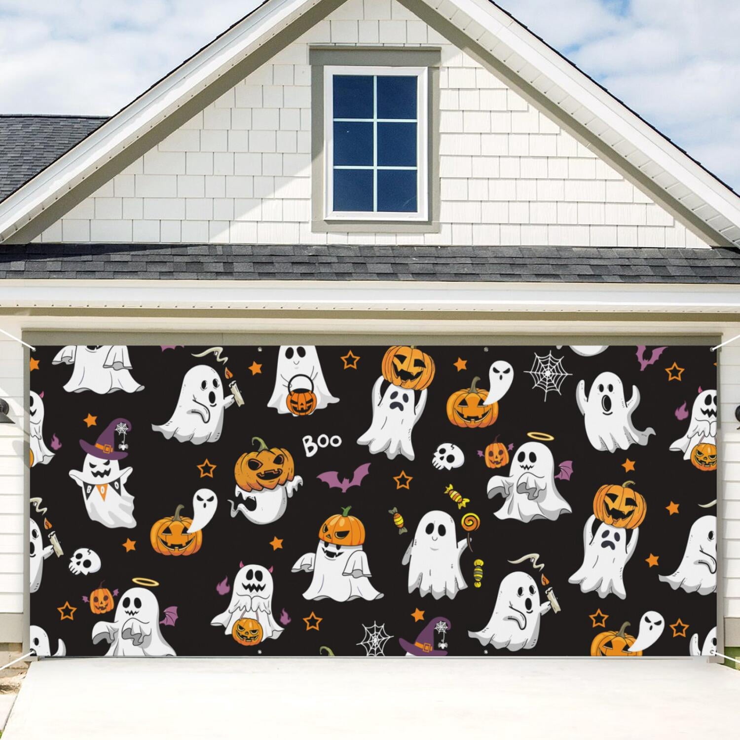 Halloween Garage Door Cover - 13x6ft Spooky Ghost Pumpkin Skull Witch Black Cat Polyester Backdrop for Outdoor Decor