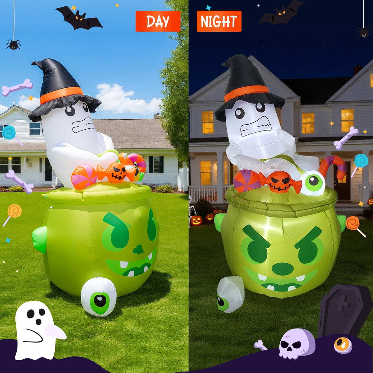 Bmag 6FT Halloween Inflatables Outdoor Decorations, Whimsical Inflatable Ghost Halloween Decor with Built-in 3 LEDs for Yard Garden Lawn Party Holiday Decor
