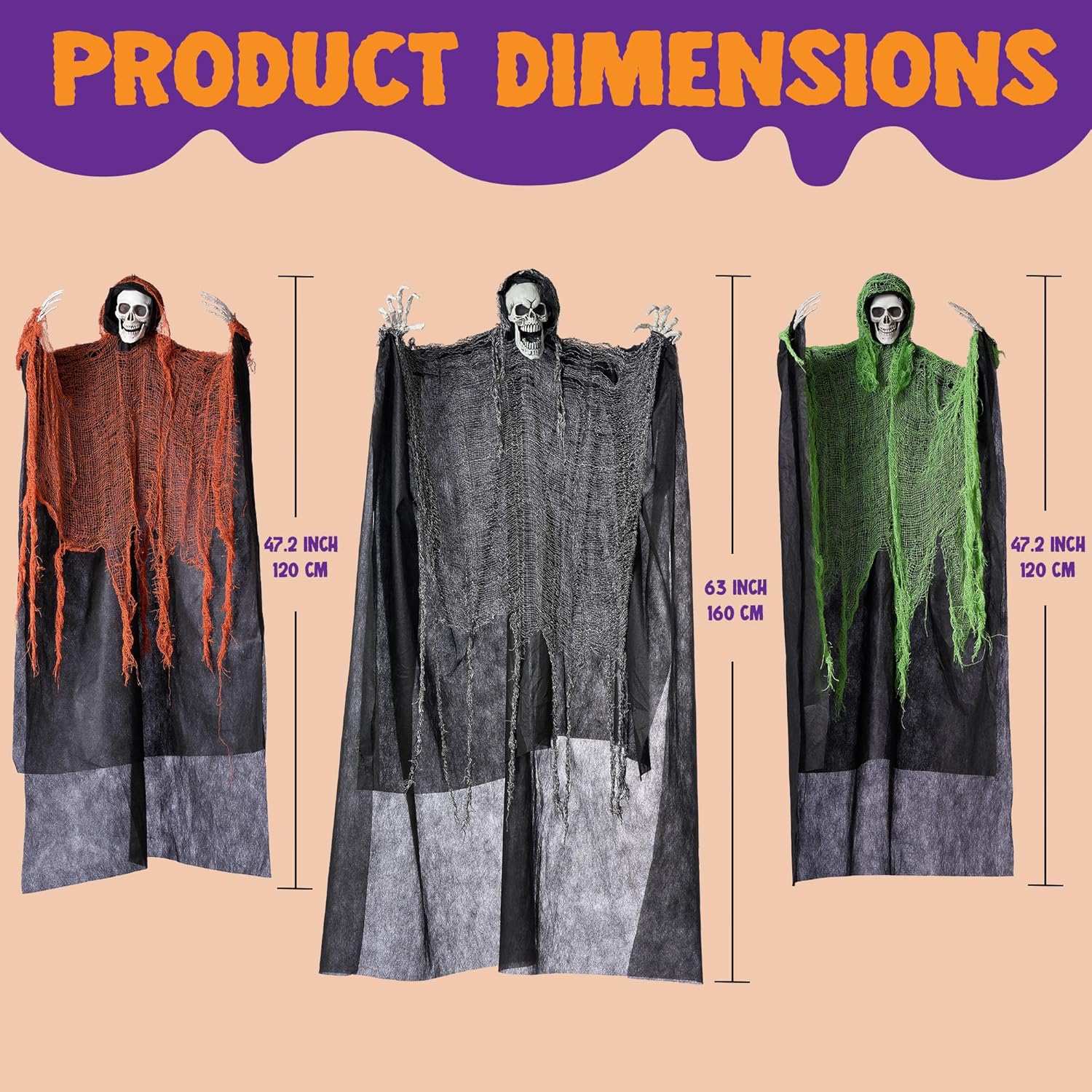 Joyfy 3 Pack Halloween Hanging Ghosts,Scary Skeleton Ghosts Grim Reapers Decorations for Halloween Indoor Outdoor Yard Home Decorations