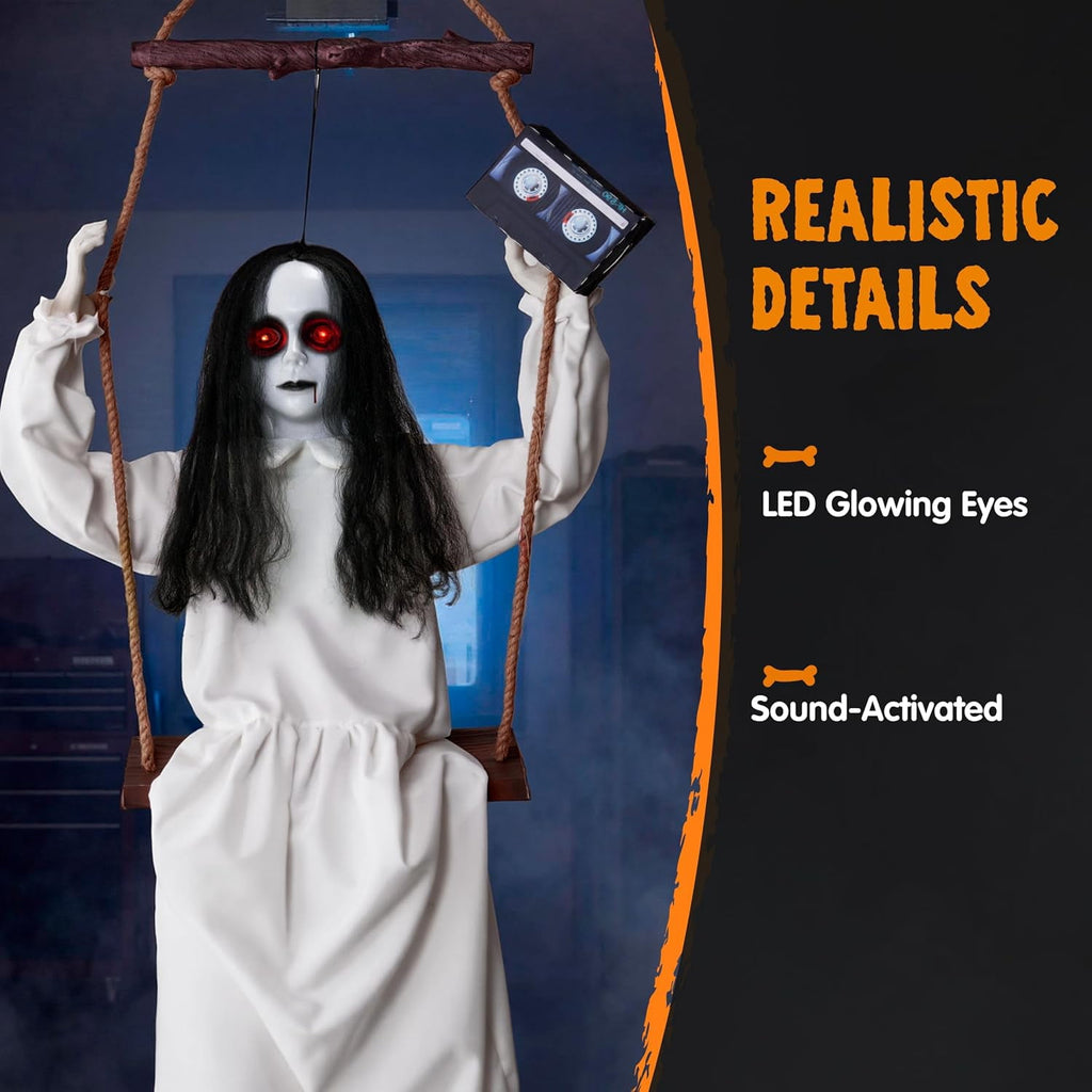 Joyfy 3 FT Halloween Hanging Swinging Skeleton,Light Up Creepy Grim Reaper with Black Hood Decorations for Halloween Hanging Decorations Indoor Outdoor Yard Home Decorations