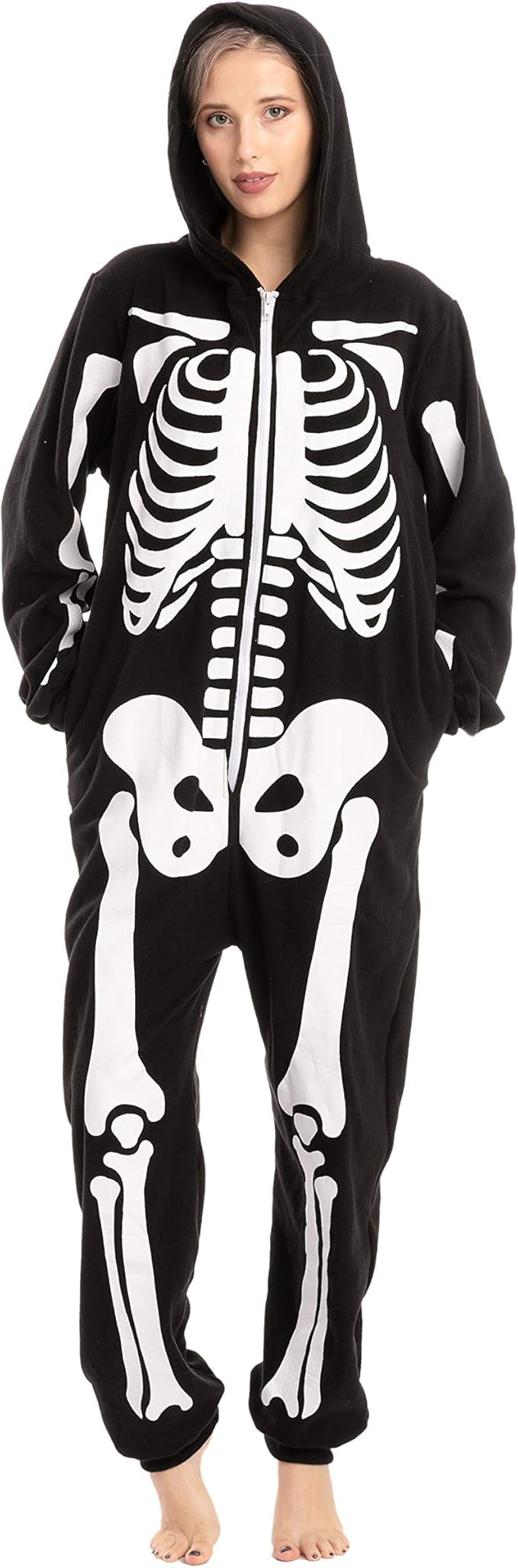 Joyfy Skeleton Costume for Adult Unisex Zip-Up Hooded Jumpsuit Pajama for Halloween Party Cosplay and Themed Events