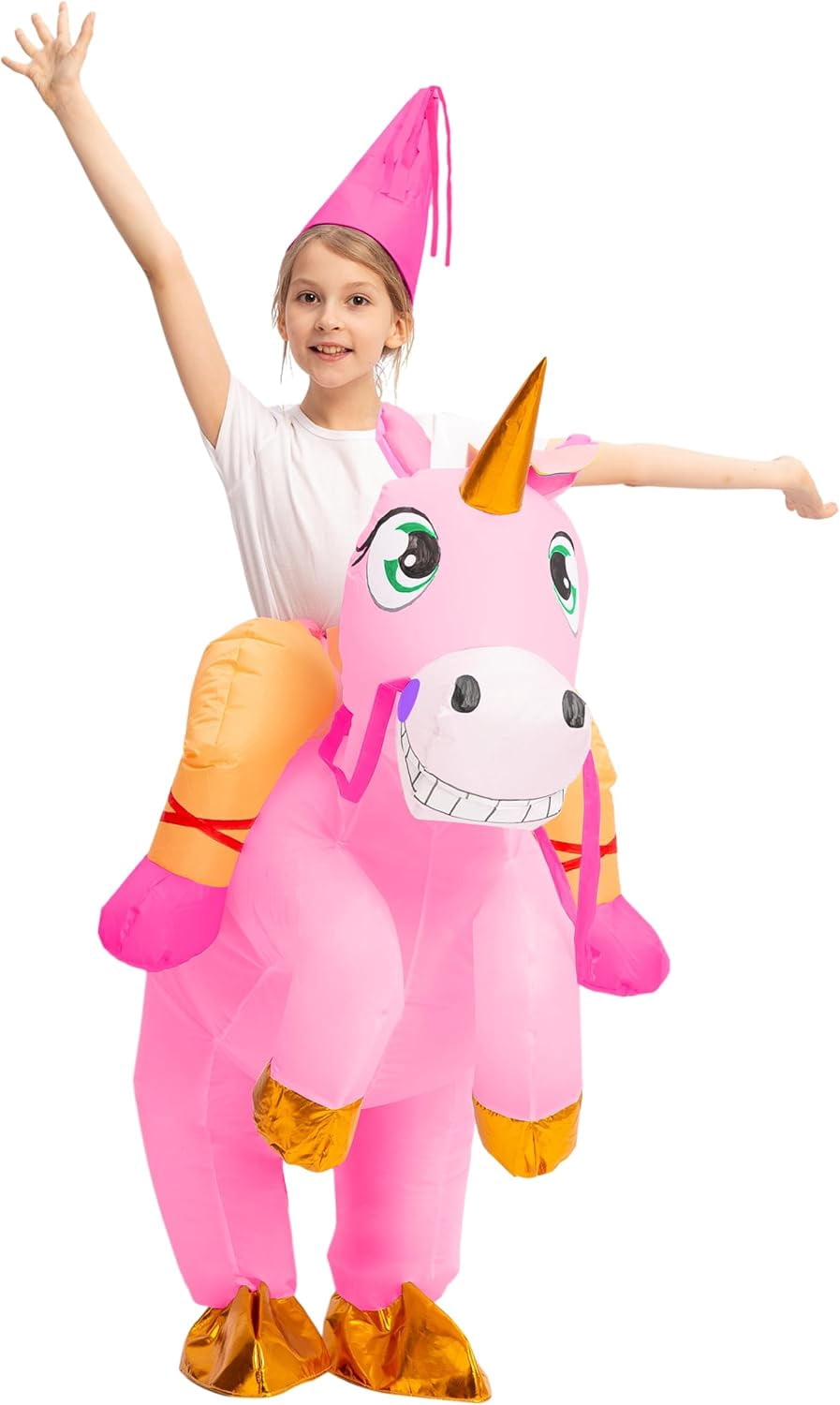 Joyfy Halloween Inflatable Unicorn Costume for Kids, Full Body Blow Up Ride on Unicorn Costume with Hood for Halloween Dress Up Party