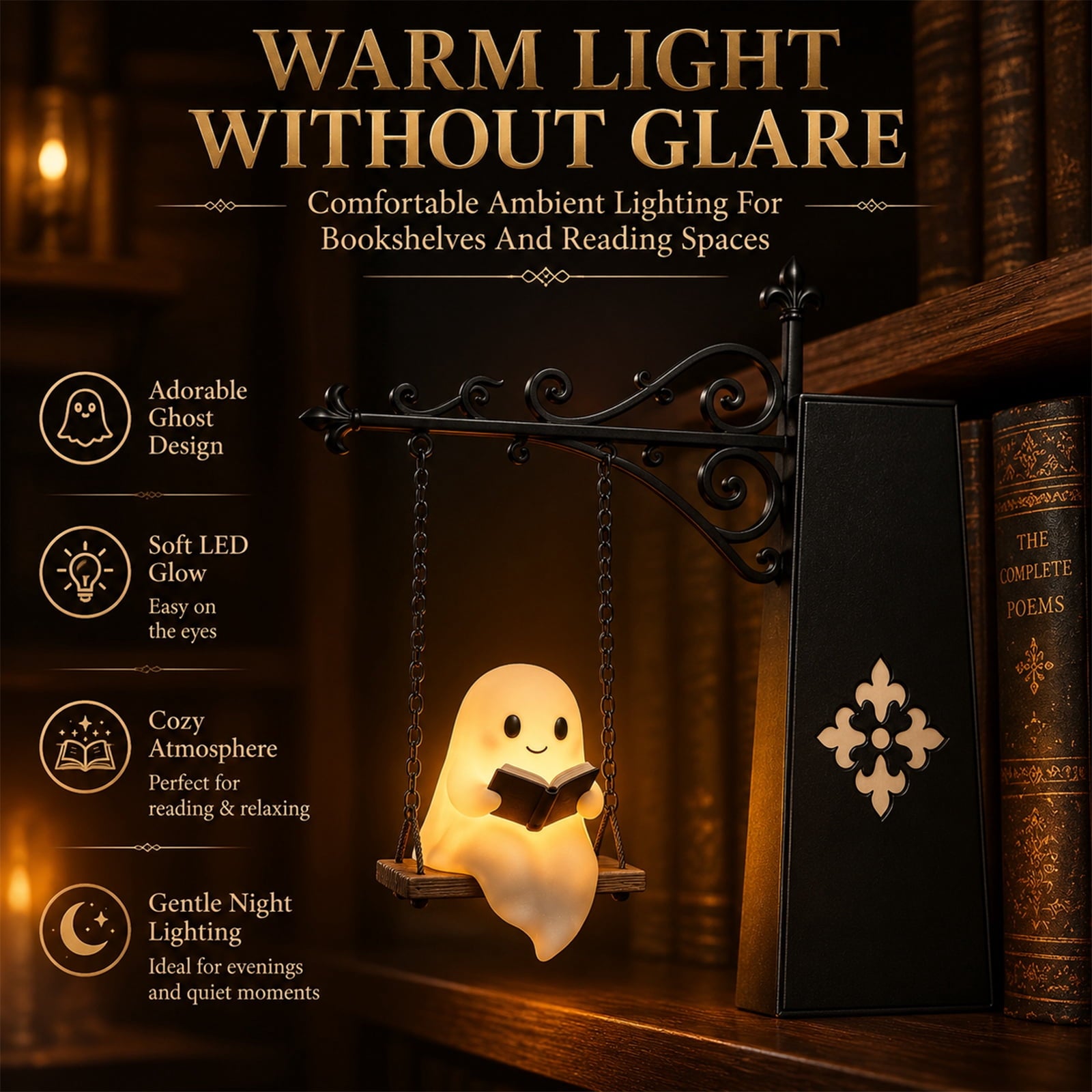 Halloween Ghost Library Lantern Decorative Bookshelf Lighting, Reading Book Shelf Lights for Study Reading Corner Home Library Gift for Book Lovers Bookworms