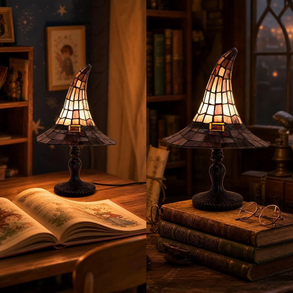 New Stained Glass Witch Hat Lamp - Handcrafted Retro Crackr Resin Witch Lamp, USB Powered Gothic Wizard Hats Night Light barrl, Halloween Decor Accent Lamps for Bedroom & Bookshelf