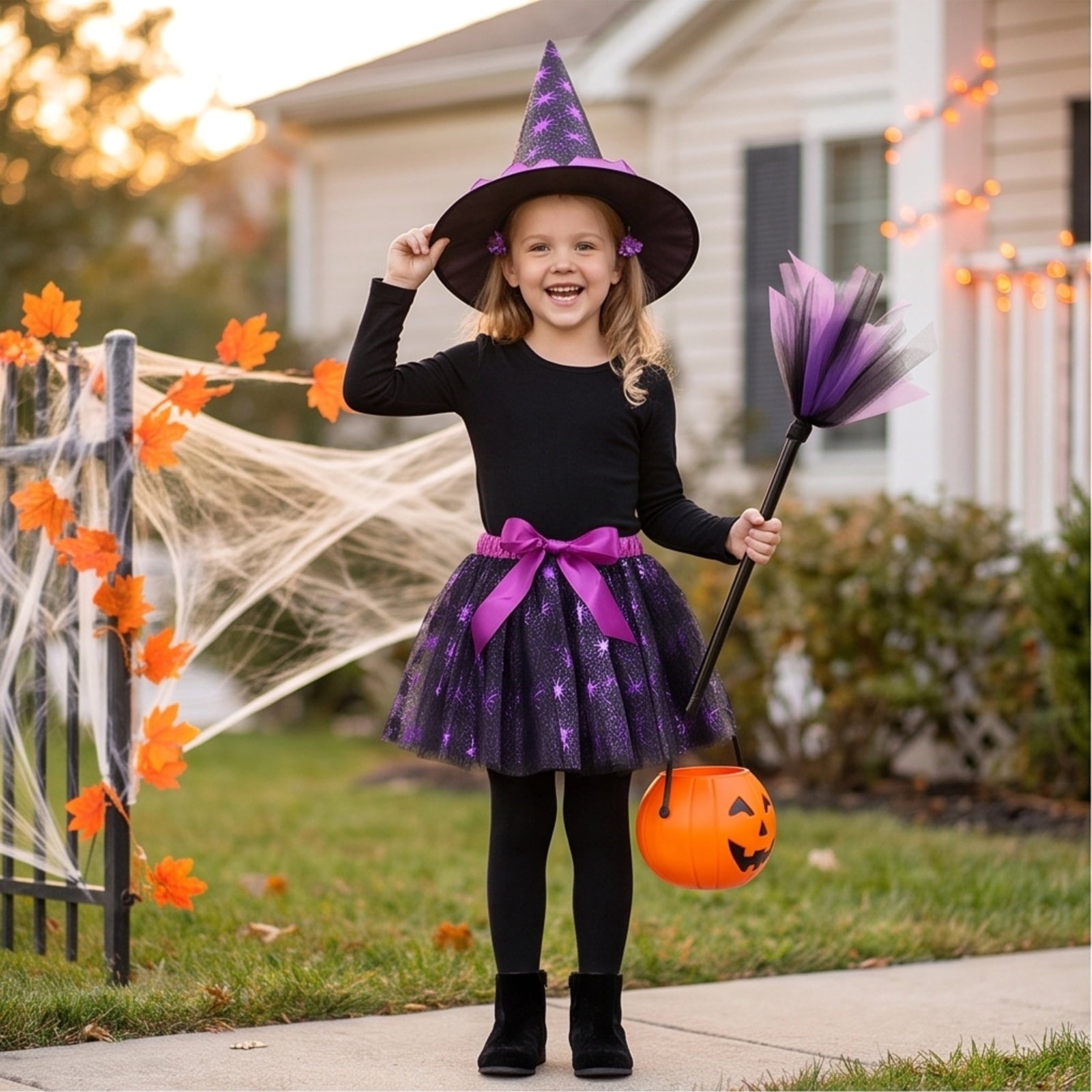 choiix Witch Tutu Skirt and Hat Set with Broomstick Halloween Costume Outfit with Printed Tulle Skirt and Witch Hat Cosplay Outfit for Party 100