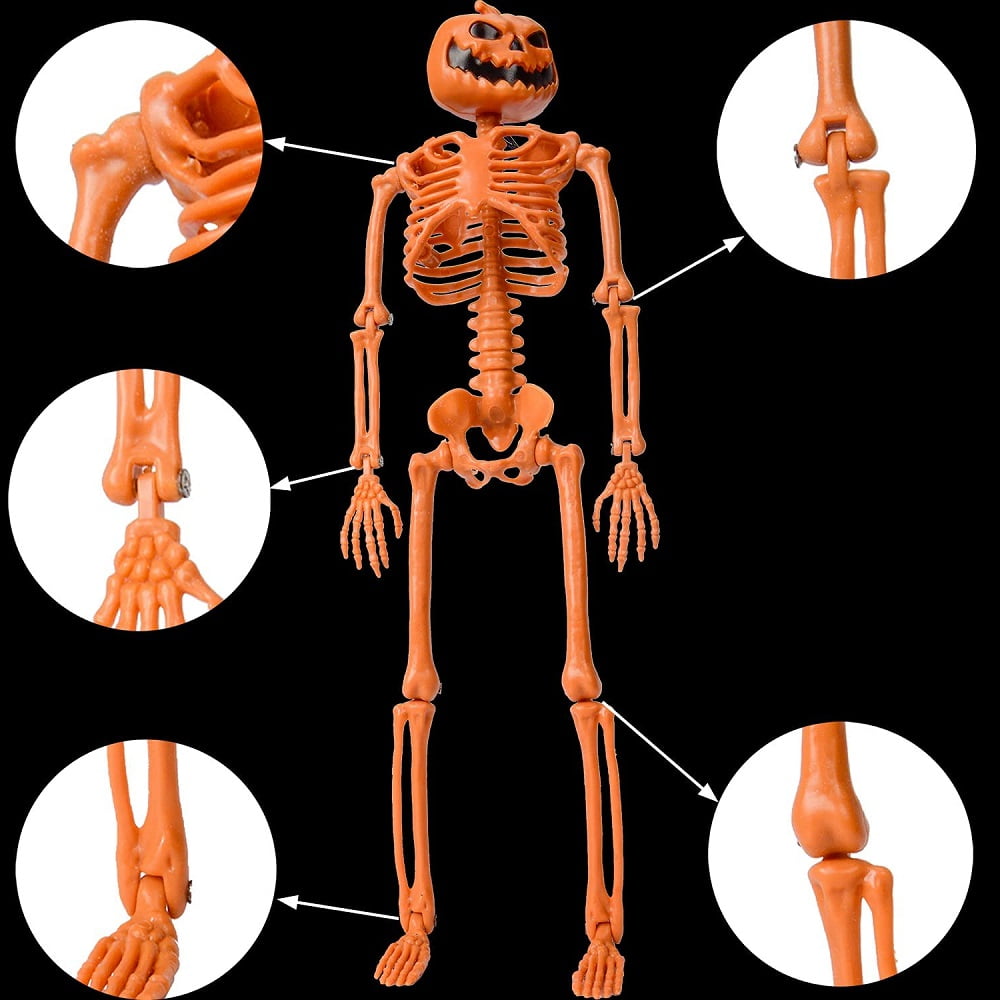 Cool Halloween Decor - 1/2pcs Posable Full Body Thanksgiving Pumpkin Head Skull Skeleton with Movable Joints Mini Figure Toy for Halloween Decoration, 16" Tall, Orange
