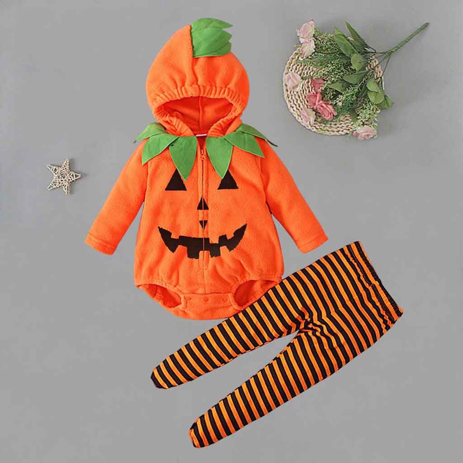 Newborn Infant Cute Jack-O-Lantern Costume Halloween Bodysuit and Striped Leggings Set Fall Holiday Fancy Dress Up Outfit for Boys Girls Party Festival