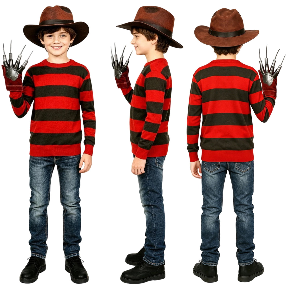 BUXULYP Halloween Killer Costume Kids Red Striped Sweater Hat Glove Claws Cosplay Outfits for Boys Girls Toddler Youth