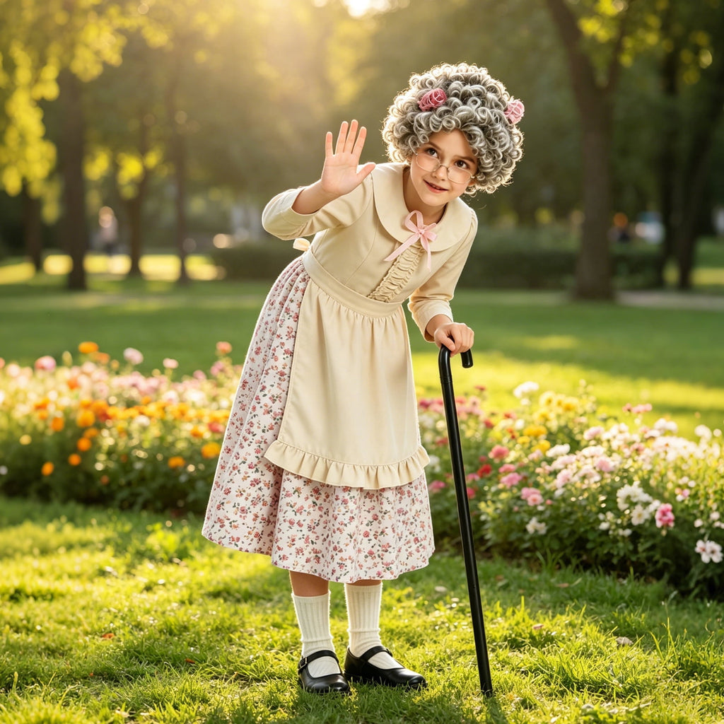 Girls Old Lady Costume 10Pcs Set - 100 Days of School Halloween Costume Grandma Dress Up Granny Outfit